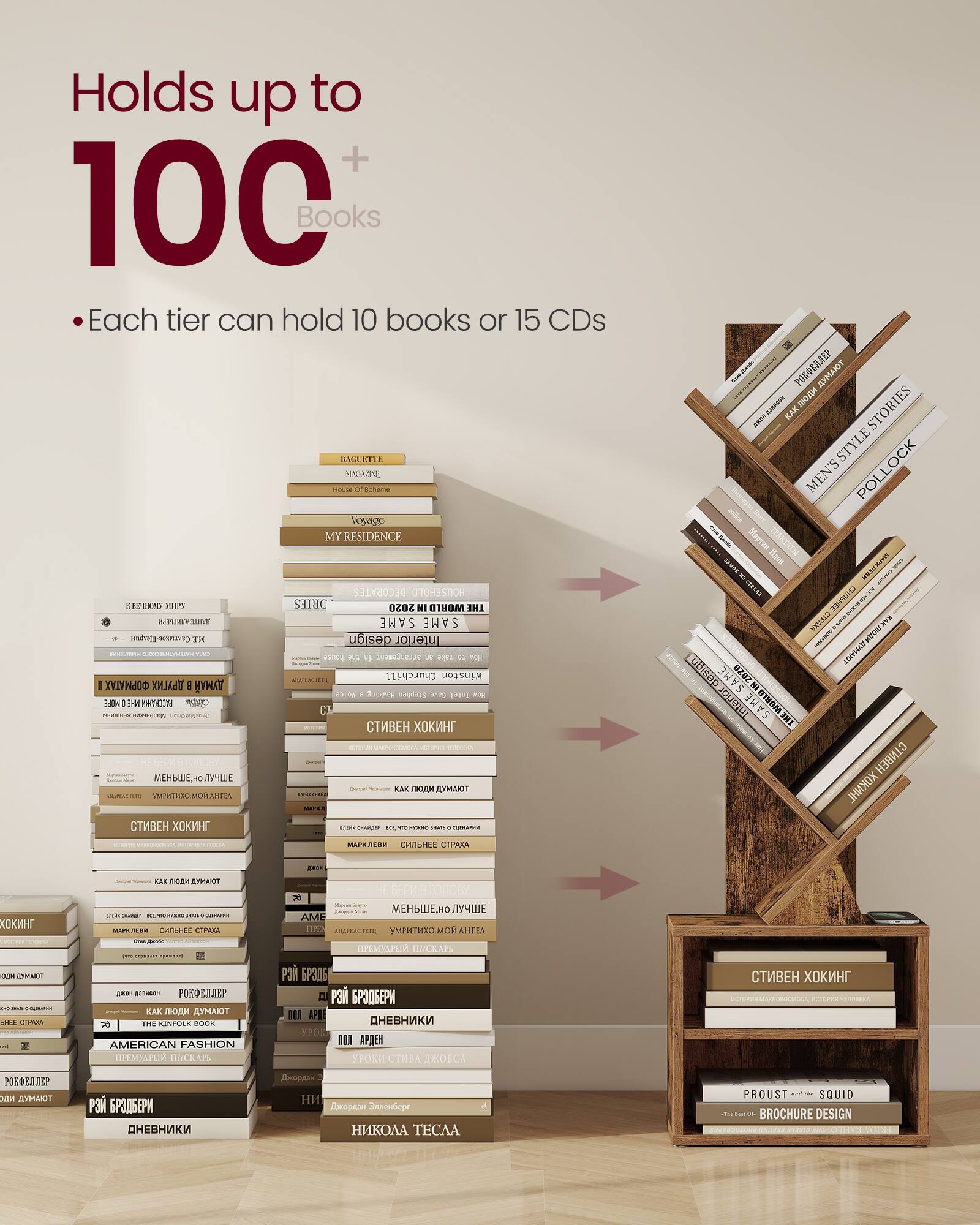 Holds up to 100+ Books  
Each tier can hold 10 books or 15 CDs