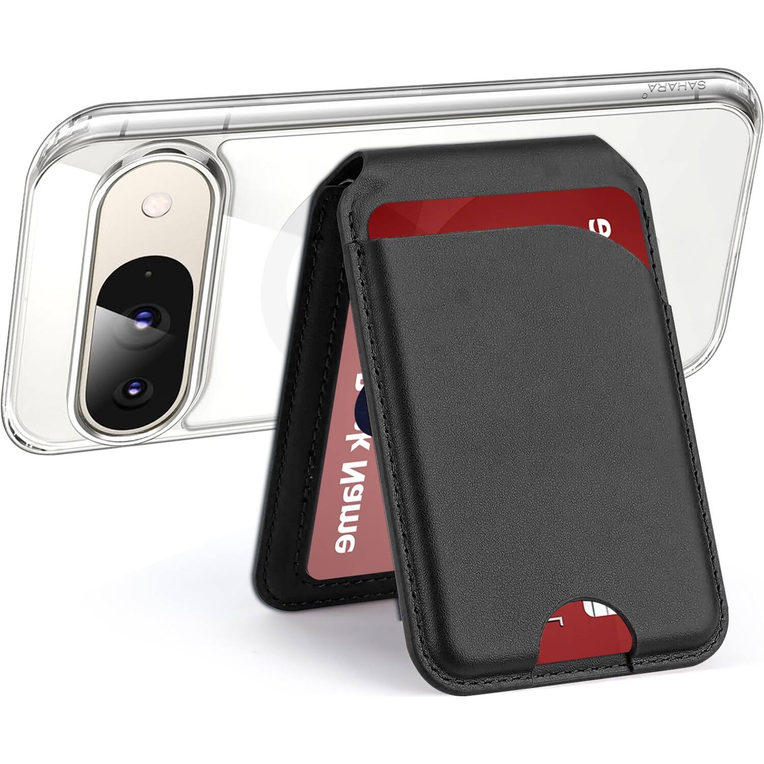 The image features a black case with a red card in it, which is placed on top of a clear case. The red card is a Mastercard, and the case is designed to hold a smartphone. The case is made of leather and has a sleeve that covers the phone. The clear case is likely used for protection and easy access to the phone.