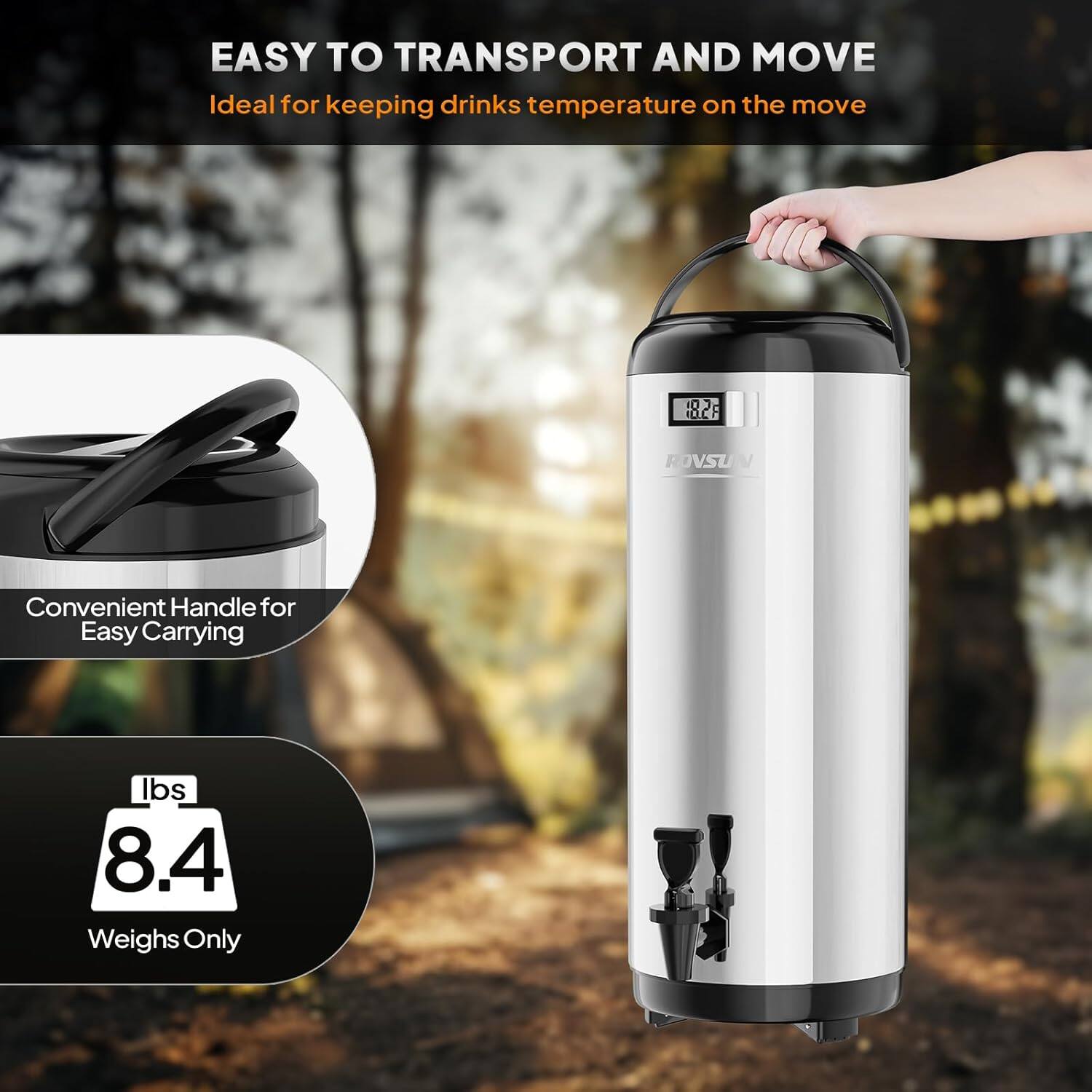EASY TO TRANSPORT AND MOVE  
Ideal for keeping drinks temperature on the move  

Convenient Handle for Easy Carrying  

Ibs 8.4 Weighs Only