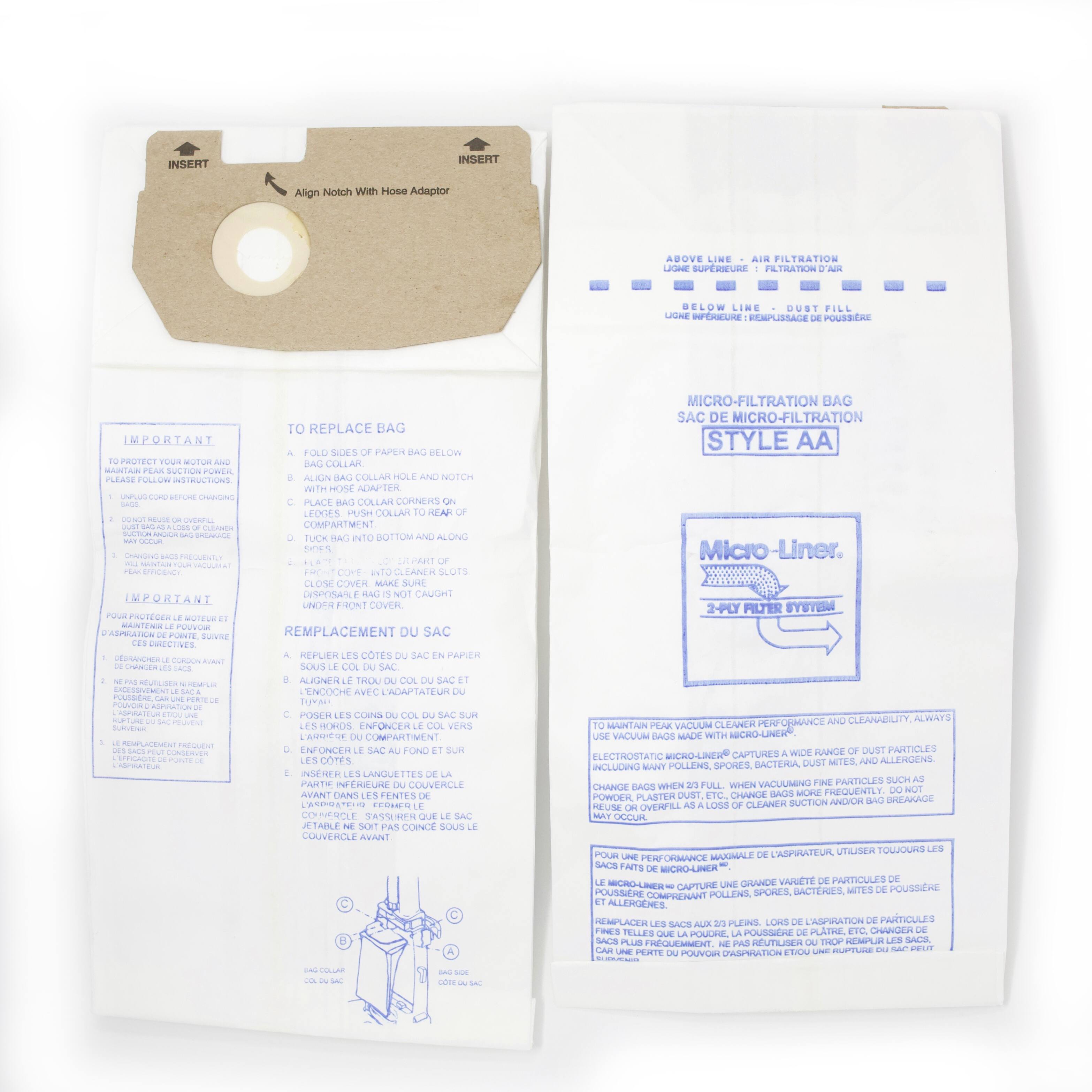 **INSERT**

Align Notch With Hose Adaptor

---

**IMPORTANT**

To protect your motor and maintain peak suction power, please follow instructions.

1. Do not remove or overload.
2. Do not rinse or wash.
3. Do not reuse or overfill.

---

**TO REPLACE BAG**

A. Fold sides of paper bag below bag collar and notch with hose adaptor.

B. Place bag collar over collar hole and notch compartment.

C. Place bag collar corners on compartment.

D. Tuck bag into bottom and along sides.

---

**IMPORTANT**

Pour assurer le bon fonctionnement de votre aspirateur et maintenir la puissance de succion, veuillez suivre les instructions.

1. Ne pas retirer ou surcharger.
2. Ne pas rincer ou laver.
3. Ne pas réutiliser ou surcharger.

---

**REPLACEMENT DU SAC**

A. Replier les côtés du sac en papier sous le col du sac et le collet.

B. Insérer le col du sac dans le collet du compartiment.

C. Enfoncer le collet du sac vers le compartiment.

D. Insérer les languettes du sac sur les côtés du compartiment.

E. Insérer