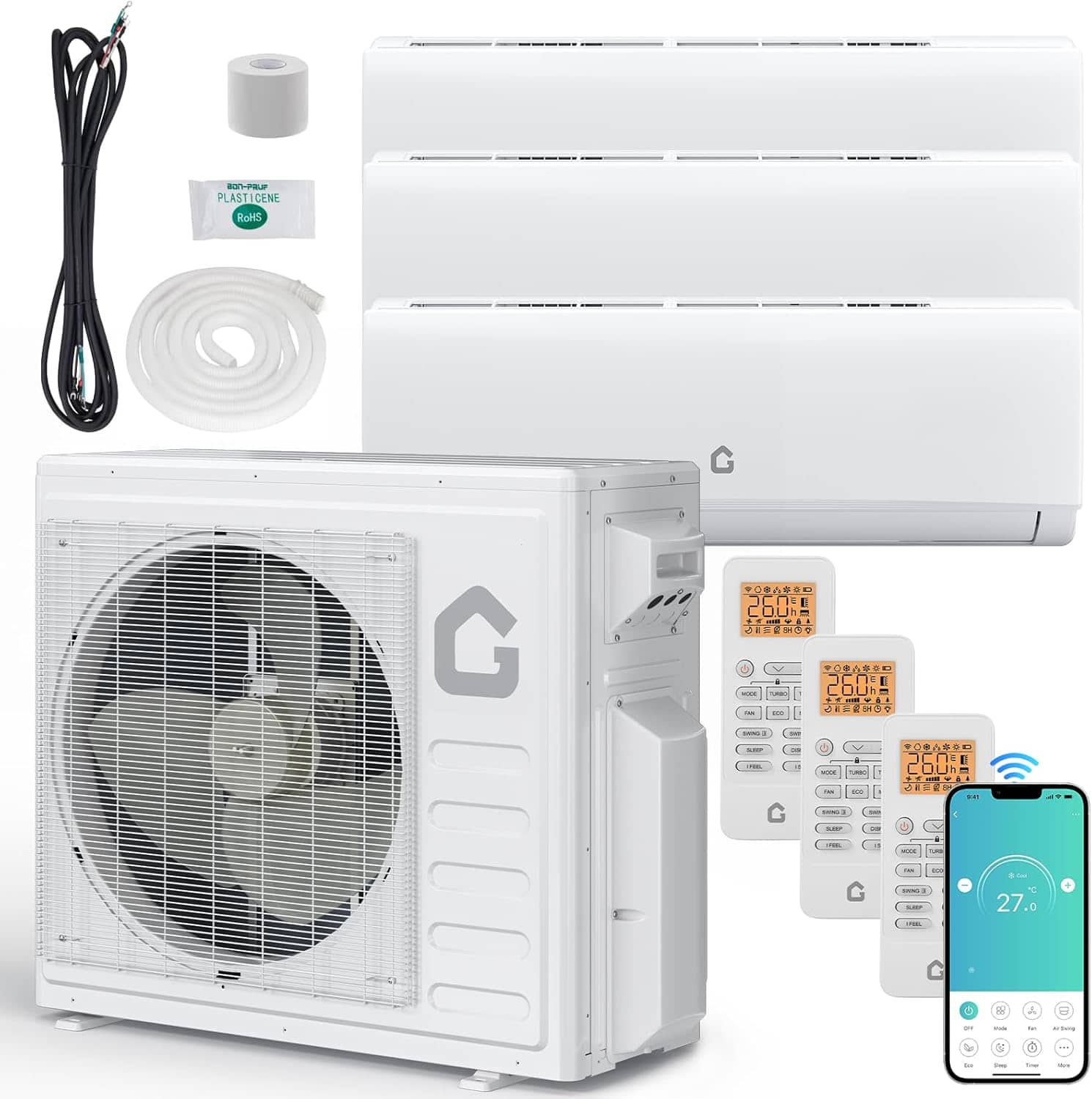 Maxxis Merch - 28K BTU 3 Zone Mini Split AC Heating System Ductless Split Air Conditioner 9000-12000-12000BTU No Copper Tube Line Set