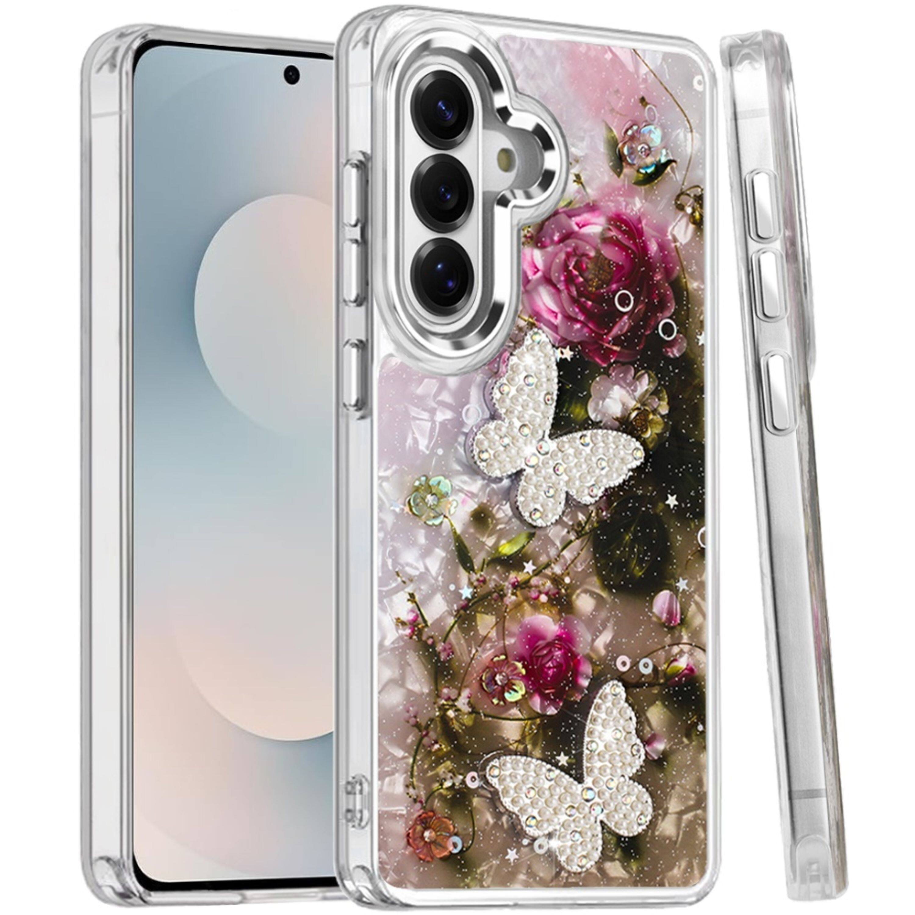Left. Kitcheniva - Epoxy Glitter With 3D Beaded Butterflies Plus Tempered Glass For Samsung S25 FE 3 - Multicolor.