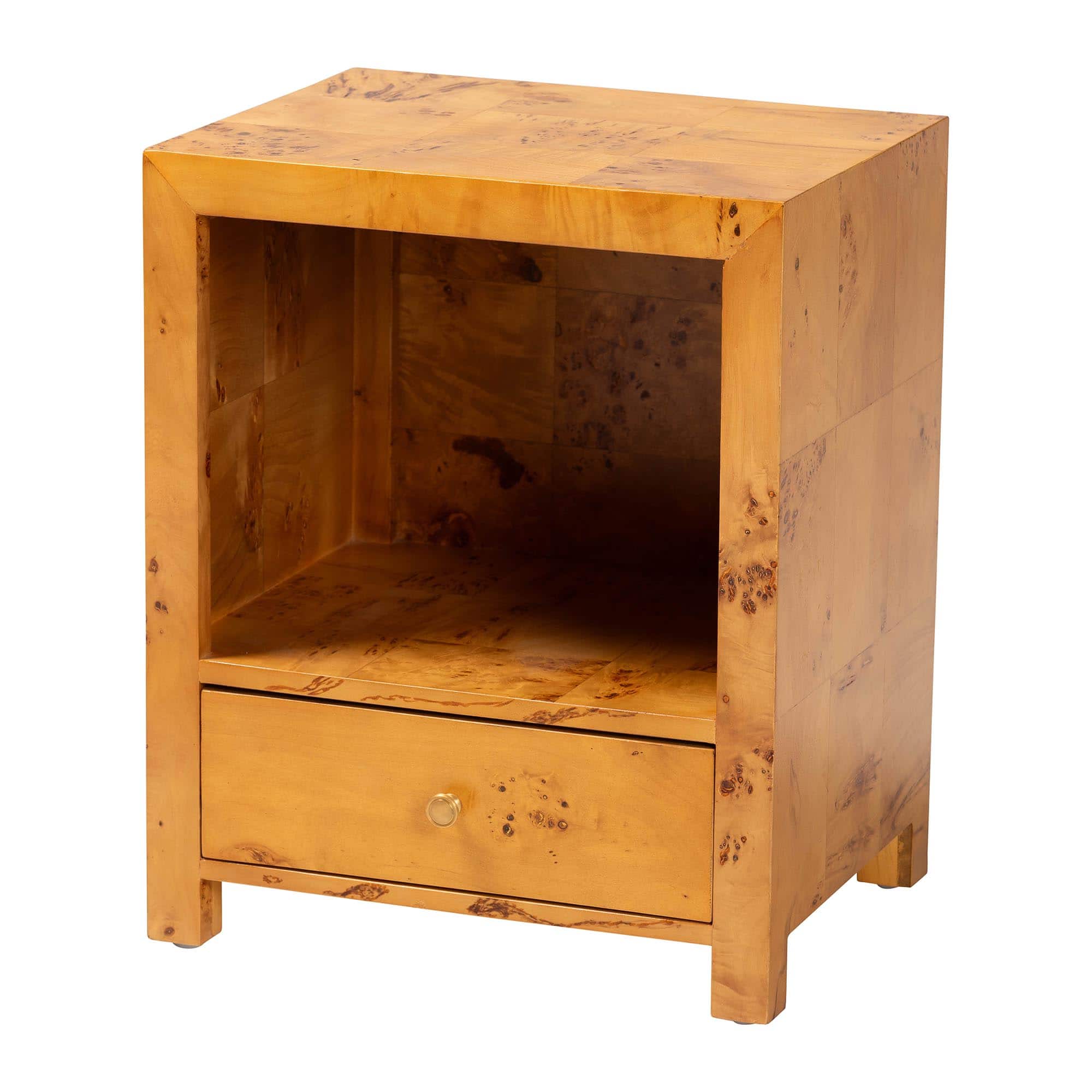 bali & pari - Camira Modern and Contemporary Natural Mappa Burl Wood 1-Drawer Nightstand - Light Mappa Burl