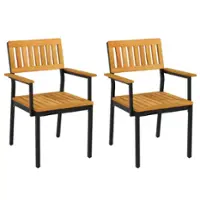 Costway Dining Chair Set of 2 with Acacia Wood Backrest Slanted Seat Comfortable Armrests - Natural + Black - Front_Zoom