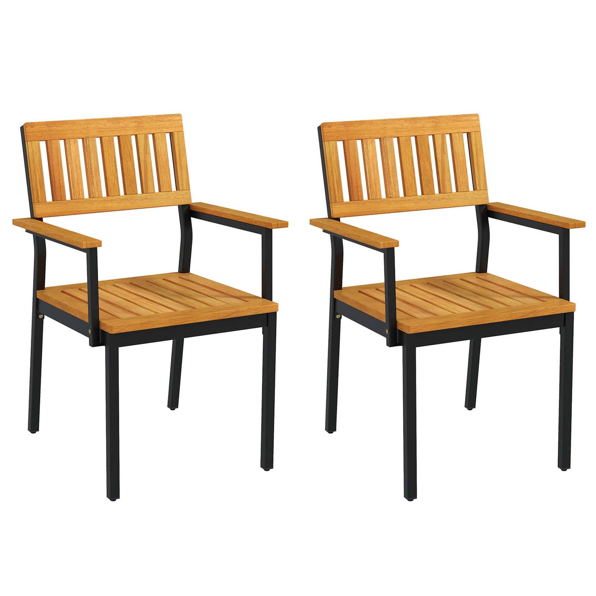 Front. Costway - Dining Chair Set of 2 with Acacia Wood Backrest Slanted Seat Comfortable Armrests - Natural + Black.