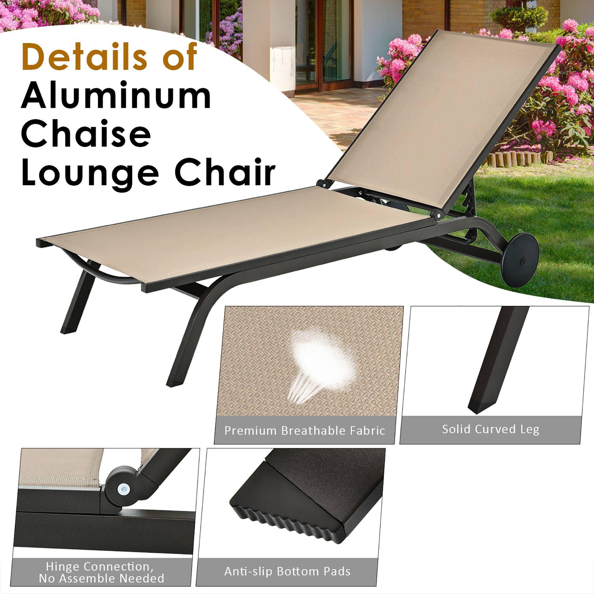 Details of Aluminum Chaise Lounge Chair

Premium Breathable Fabric
Solid Curved Leg
Hinge Connection, No Assemble Needed
Anti-slip Bottom Pads