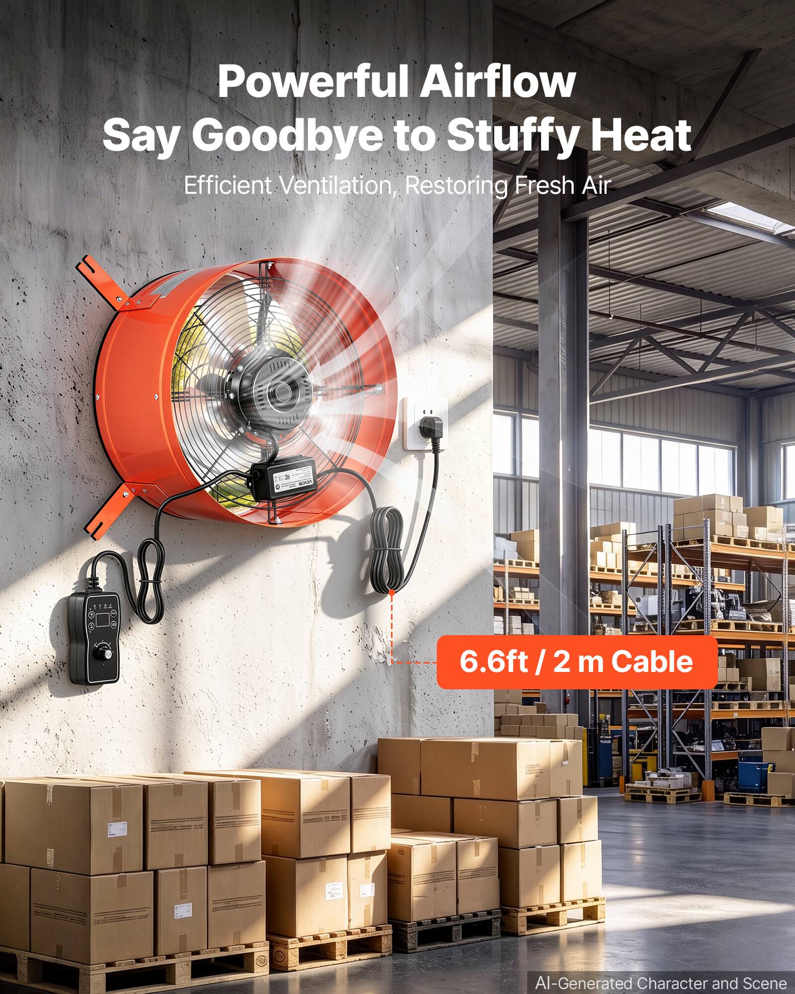 Powerful Airflow Say Goodbye to Stuffy Heat  
Efficient Ventilation, Restoring Fresh Air  

6.6ft/2 m Cable  

AI-Generated Character and Scene
