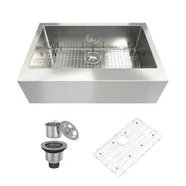 Boyel Living - 33 in. Farmhouse Apron-Front Single Bowl 18-Gauge Stainless Steel Kitchen Sink with Bottom Grid and Strainer Basket - Silver