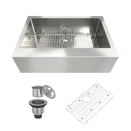Front. Boyel Living - 33 in. Farmhouse Apron-Front Single Bowl 18-Gauge Stainless Steel Kitchen Sink with Bottom Grid and Strainer Basket - Silver.