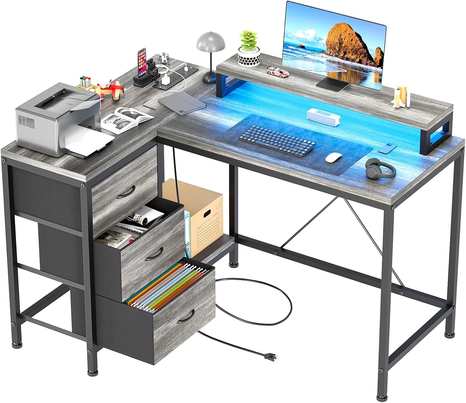 GARVEE - Large Corner Computer Desk with Drawers & Monitor Stand, PC Table for Home Office and Bedroom - Black