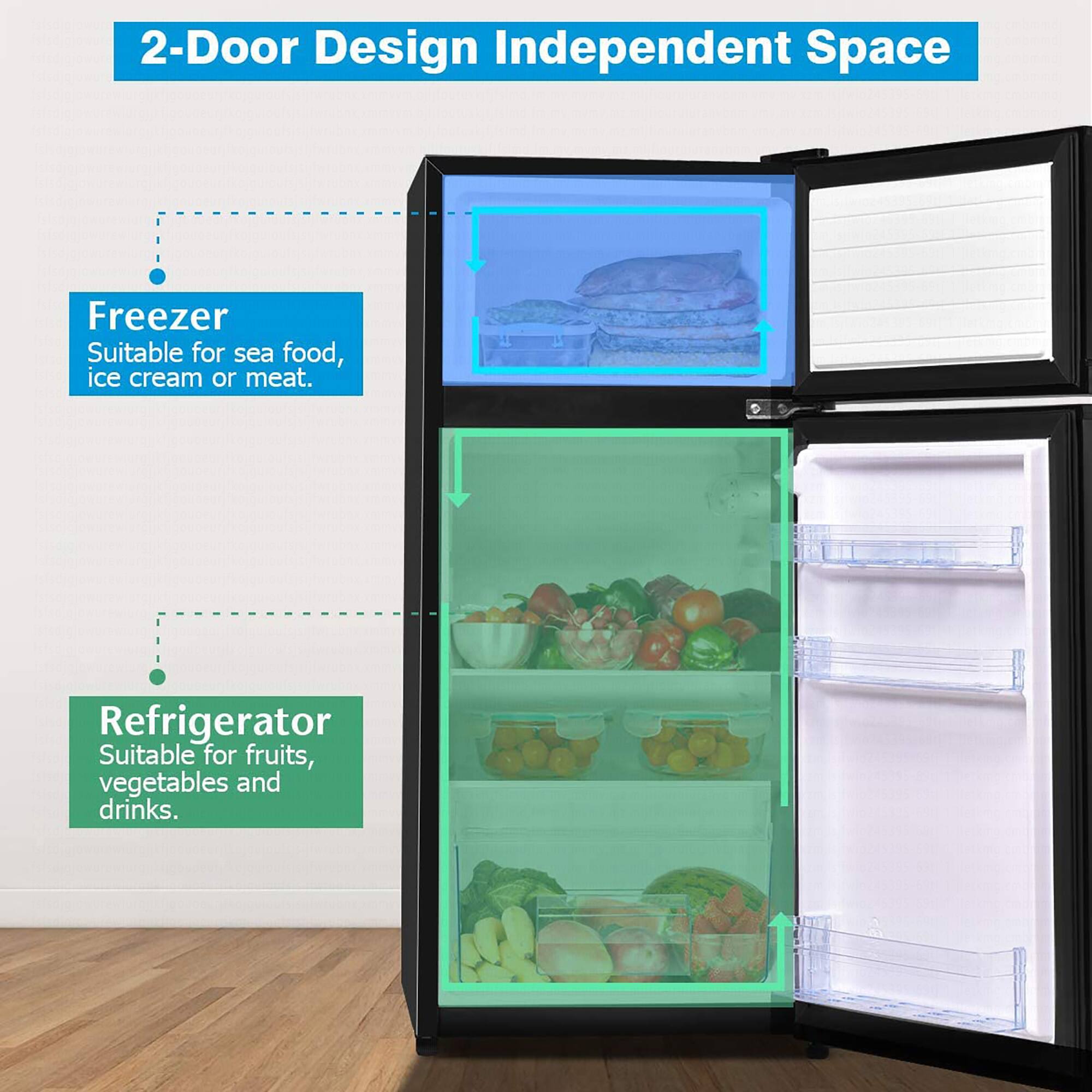 The image features a two-door refrigerator with a freezer on top and a refrigerator on the bottom. The freezer is suitable for seafood, ice cream, or meat, while the refrigerator is suitable for fruits, vegetables, and drinks. The refrigerator is designed to be independent, meaning it can function without the need for a separate refrigerator or freezer. The refrigerator is filled with various food items, including apples, oranges, and broccoli.