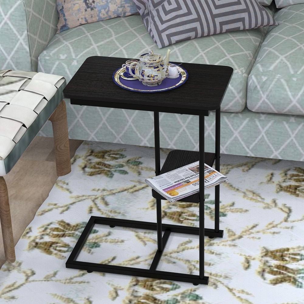 Loheer - C Side Table with Storage Basket Portable Laptop Holder Snack Table Wood Look Accent Table - Black price history on PriceWatchPro