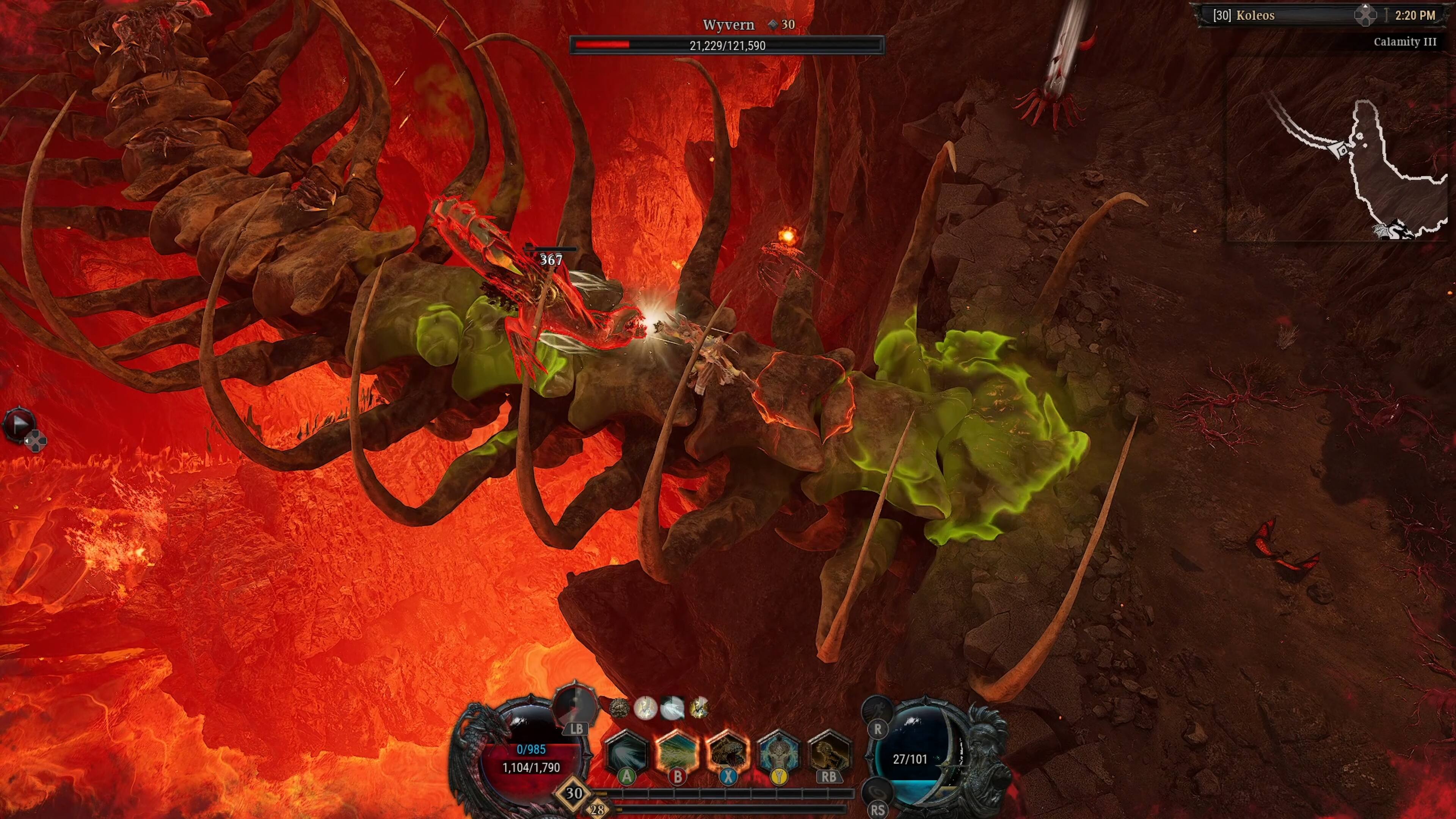 Wyvern 30 21,229/121,590 [30]  
Koleos 2:20 PM  
Calamity III 367 LB 0/985 1,104/1,790  
30 28 A B X Y RB R  
27/101 RS