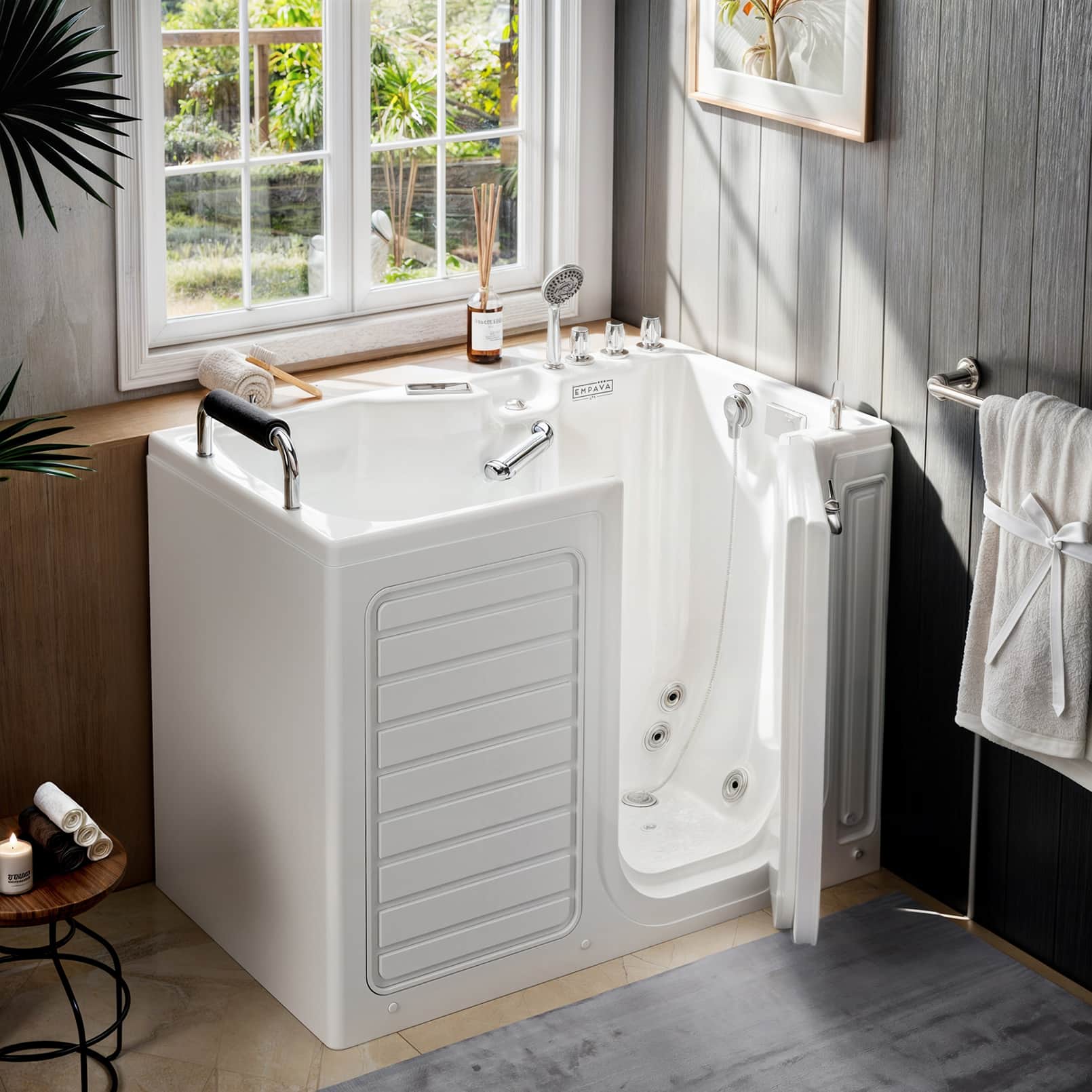 Empava - 54 in. x 30 in. Right Drain Whirlpool Air Combination Walk-in Bathtub with Outward Opening Door for Senior Care - White