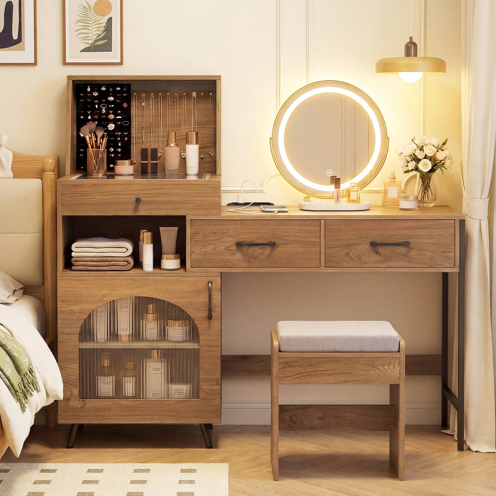 Alt View 3. Costway - Costway Vanity Desk with Mirror and Lights, 3 Lighting Modes, Glass Desktop, 3 Drawers - Walnut.
