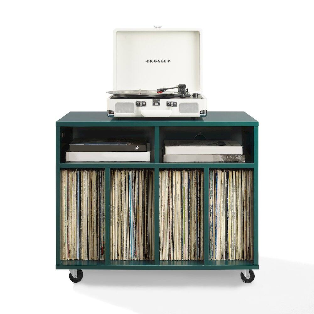 Alt View 1. Crosley Furniture - Carlo Rolling Record Player Stand With Vinyl Storage - Dark Teal.