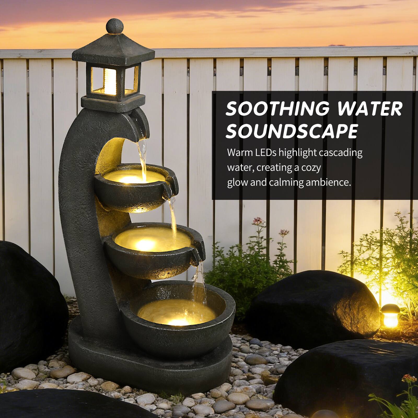 SOOTHING WATER SOUNDSCAPE  
Warm LEDs highlight cascading water, creating a cozy glow and calming ambience.