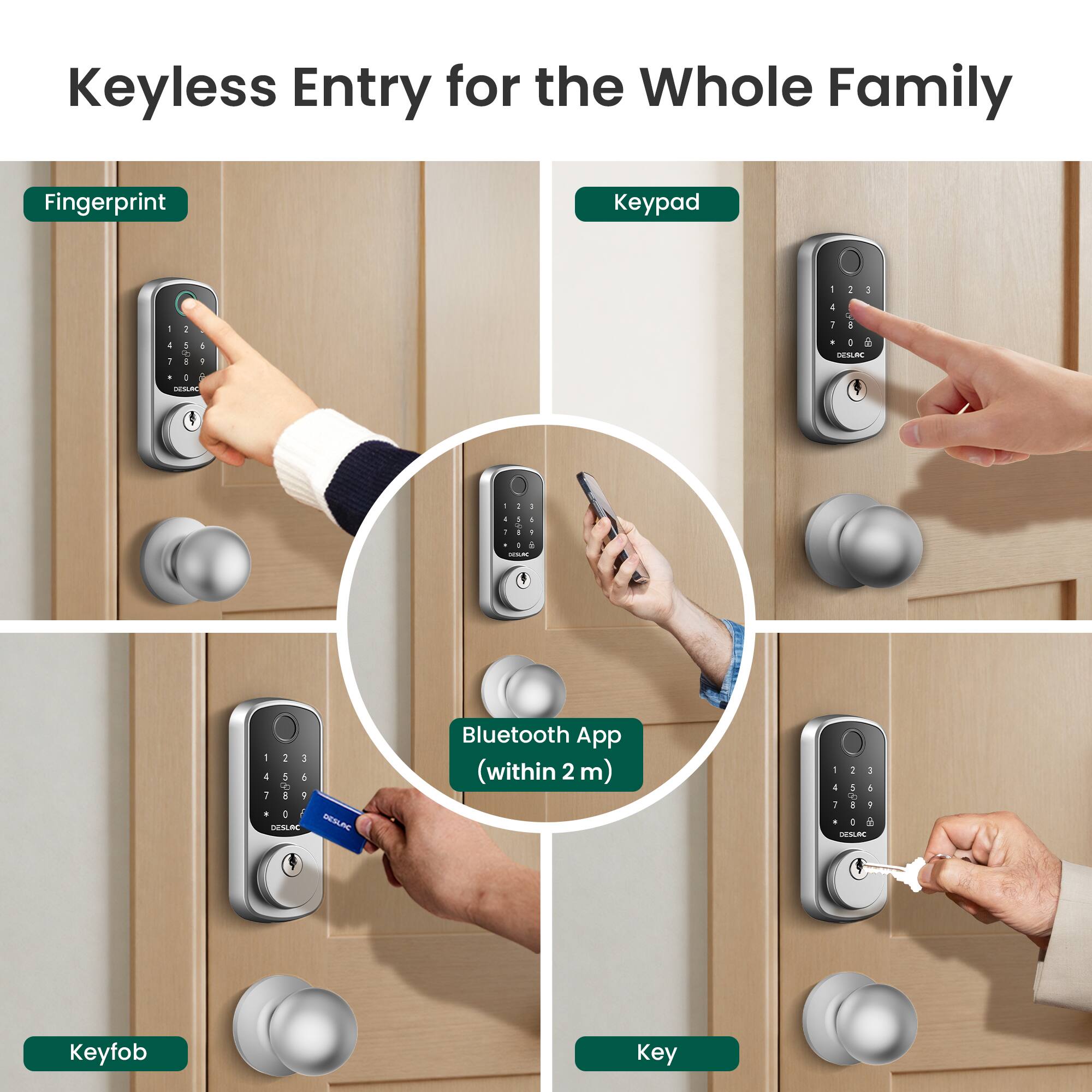 Keyless Entry for the Whole Family

- Fingerprint
- Keypad
- Bluetooth App (within 2 m)
- Keyfob
- Key