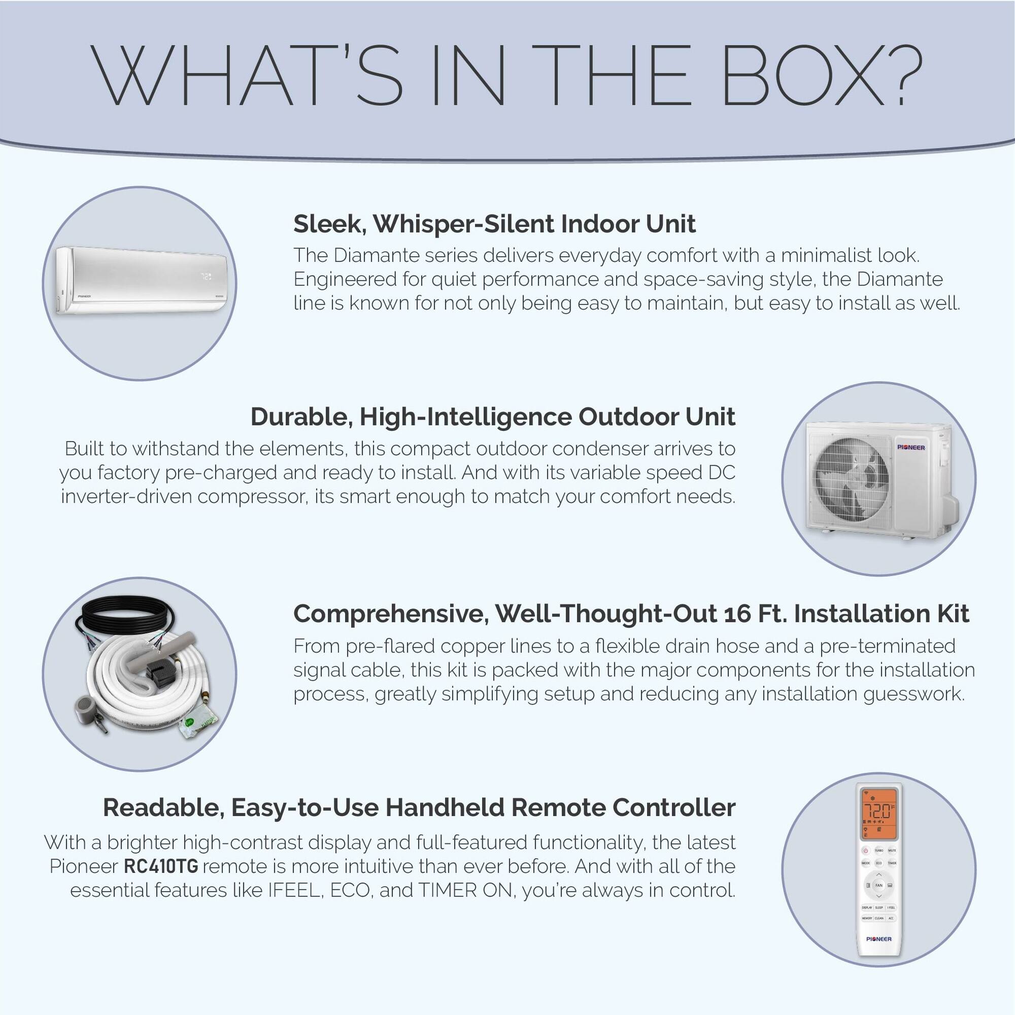 **WHAT'S IN THE BOX?**

- **Sleek, Whisper-Silent Indoor Unit**  
  The Diamante series delivers everyday comfort with a minimalist look. Engineered for quiet performance and space-saving style, the Diamante line is known for not only being easy to maintain, but easy to install as well.

- **Durable, High-Intelligence Outdoor Unit**  
  Built to withstand the elements, this compact outdoor condenser arrives to you factory pre-charged and ready to install. And with its variable speed DC inverter-driven compressor, it's smart enough to match your comfort needs.

- **Comprehensive, Well-Thought-Out 16 Ft. Installation Kit**  
  From pre-flared copper lines to a flexible drain hose and a pre-terminated signal cable, this kit is packed with the major components for the installation process, greatly simplifying setup and reducing any installation guesswork.

- **Readable, Easy-to-Use Handheld Remote Controller**  
  With a brighter high-contrast display and full-featured functionality, the latest Pioneer RC410TG remote is more intuitive than ever before. And with all of the essential features like IFEEL, ECO, and TIMER ON, you're always in control.