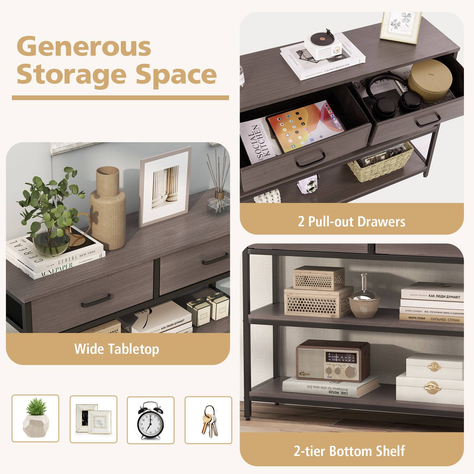 Generous Storage Space, 2 Pull-out Drawers, Wide Tabletop, 2-tier Bottom Shelf