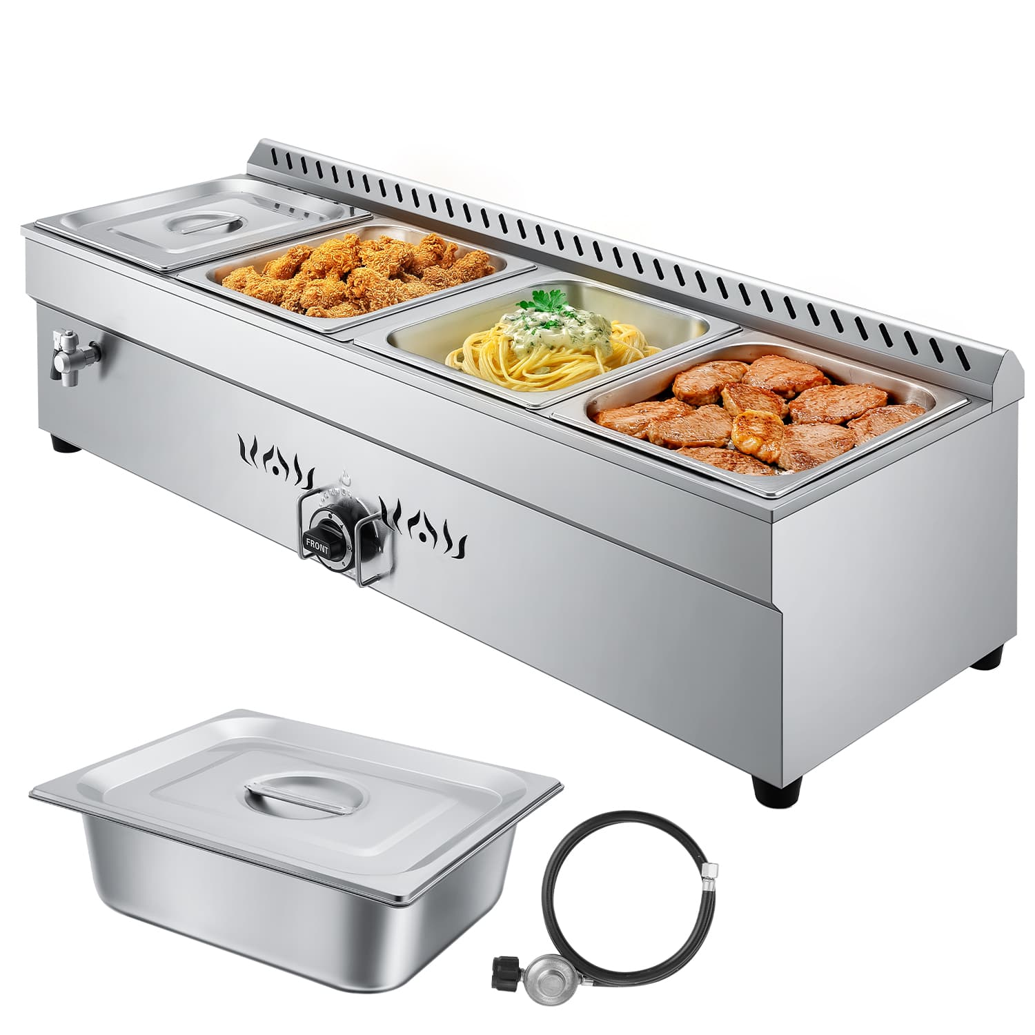 VEVOR - 4-Pan Commercial Propane Steam Table, LP Gas Outdoor Soup Warmer with Drain Valve, Stainless Steel Propane Food Warmer - Silver