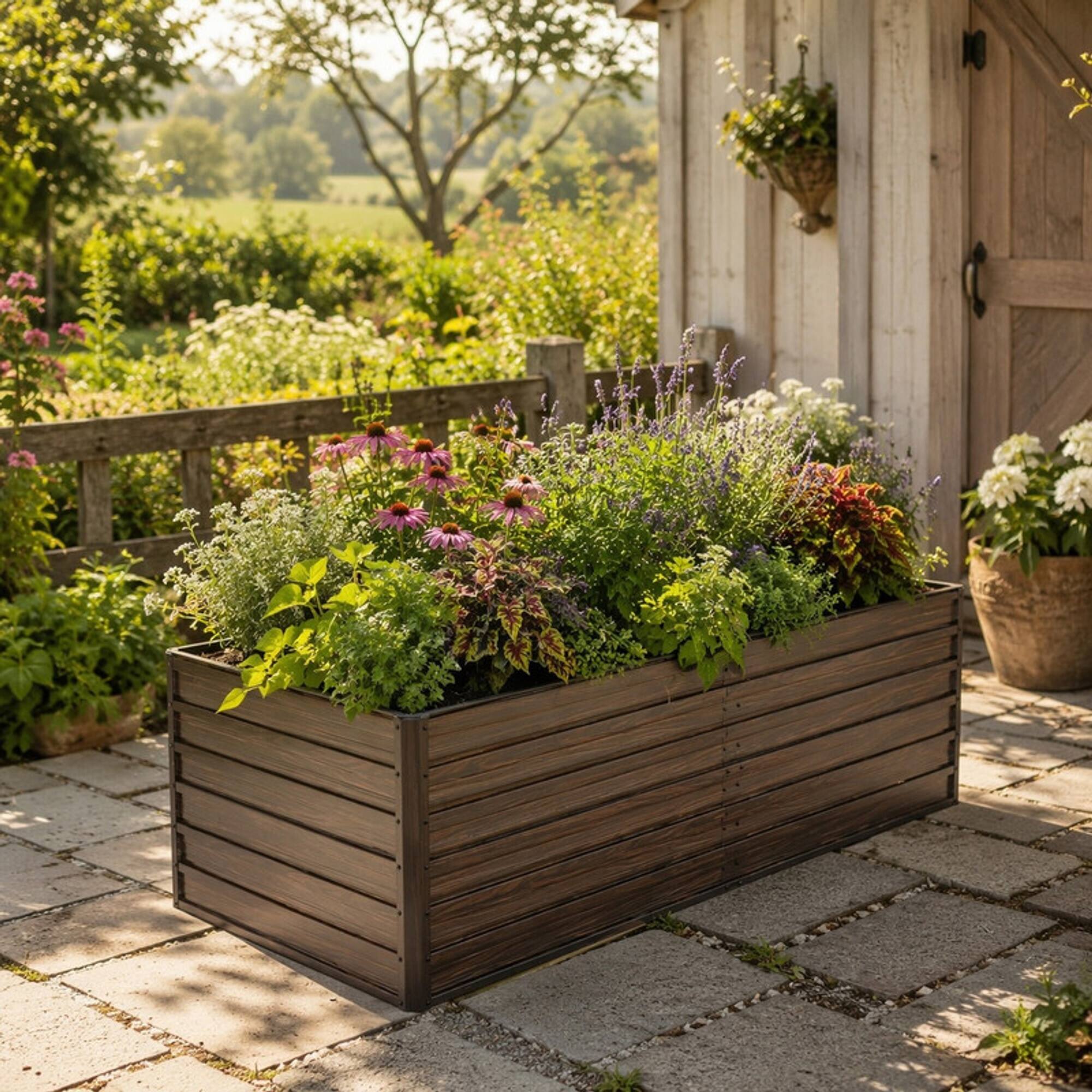 Left. RYHNUYNE - 8x4x2ft Galvanized Steel Raised Garden Bed in Brown Woodgrain Finish for Vegetables Fruits Herbs and Flowers, 55 - Brown.