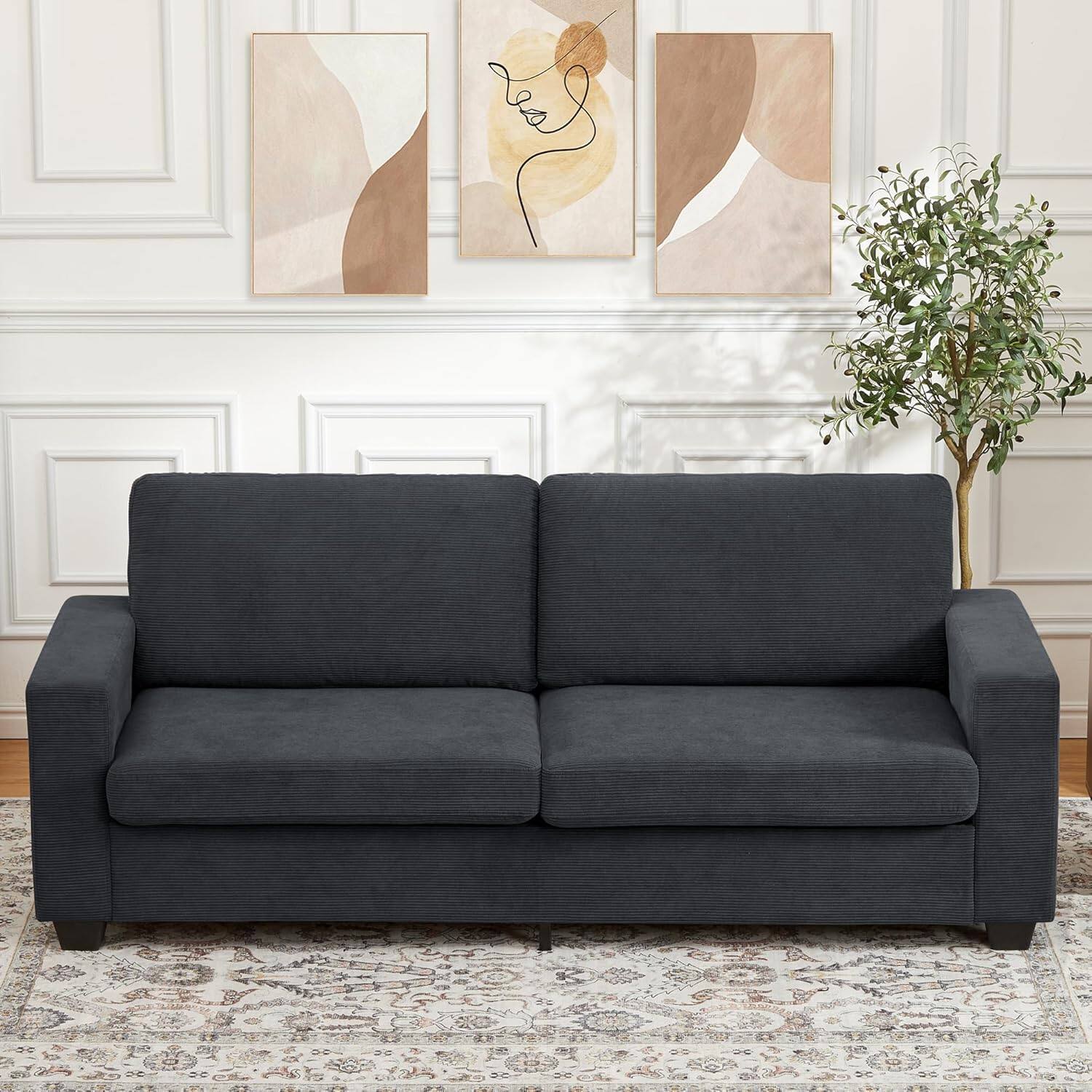 Front. Acekool - Modern Oversized Corduroy Sofa, 3-Seater Deep Seat Couch with Washable Cover & Wide Armrests, Grey - Grey.
