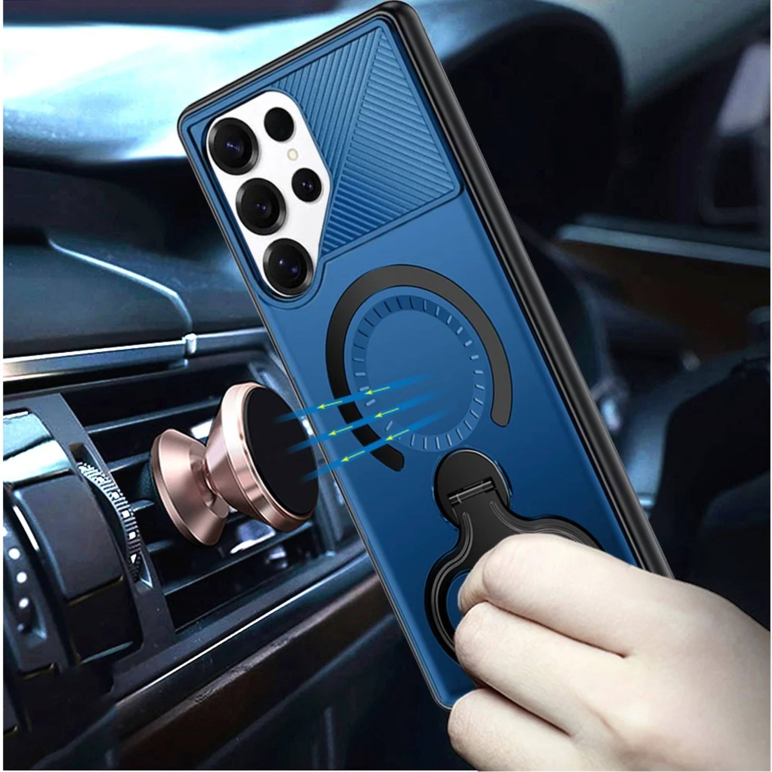 Left. Kitcheniva - Magnetic Circle Dual 360 Ring Stand Phone Case With Tempered Glass For Samsung Galaxy S25 Ultra Blue - Blue.