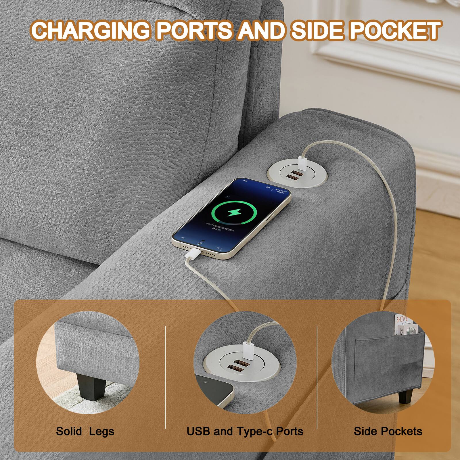 CHARGING PORTS AND SIDE POCKET

- Solid Legs
- USB and Type-c Ports
- Side Pockets