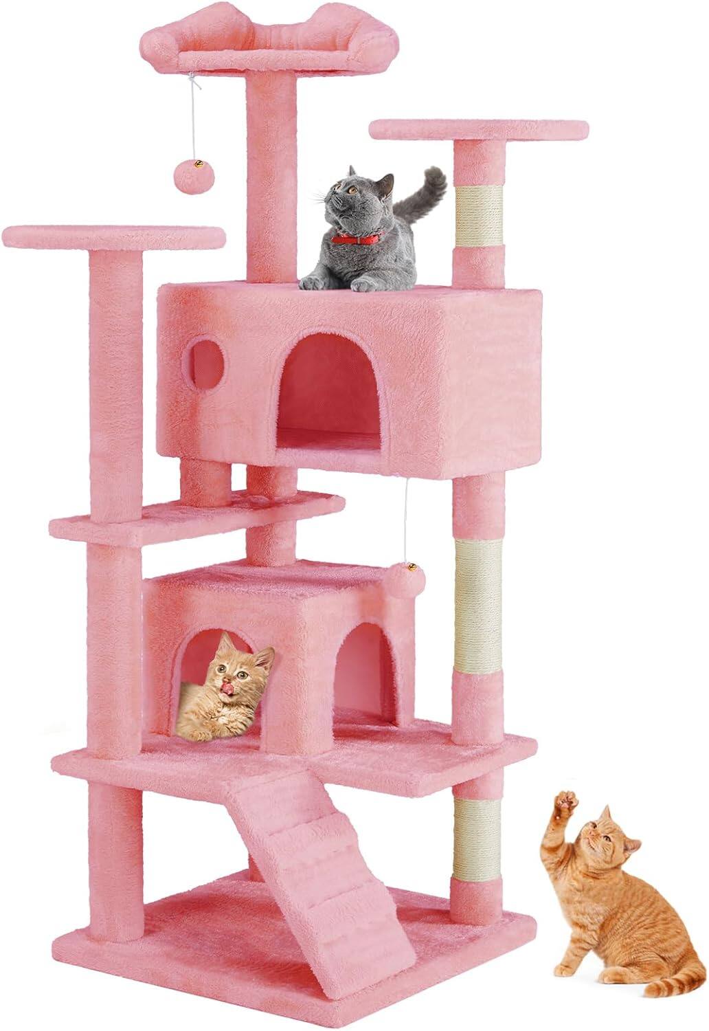 Angle. AENKYO - 54" Cat Tree Tower Pet House Large Multi-Cat Climbing with Cat Scratching Post Condo for Indoor - Pink.