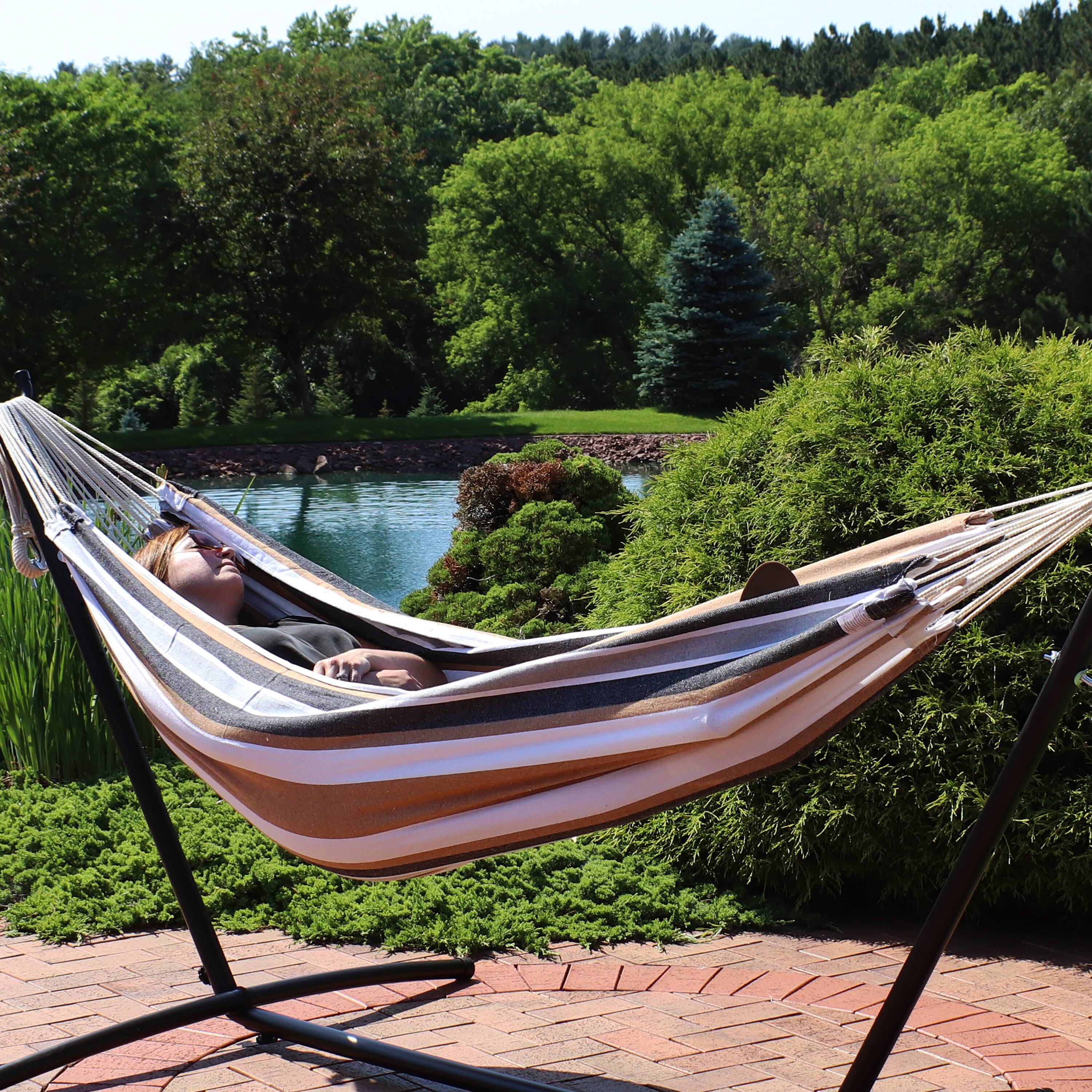 Alt View 1. Sunnydaze - 2-Person Woven Cotton Brazilian Hammock - Calming Desert.