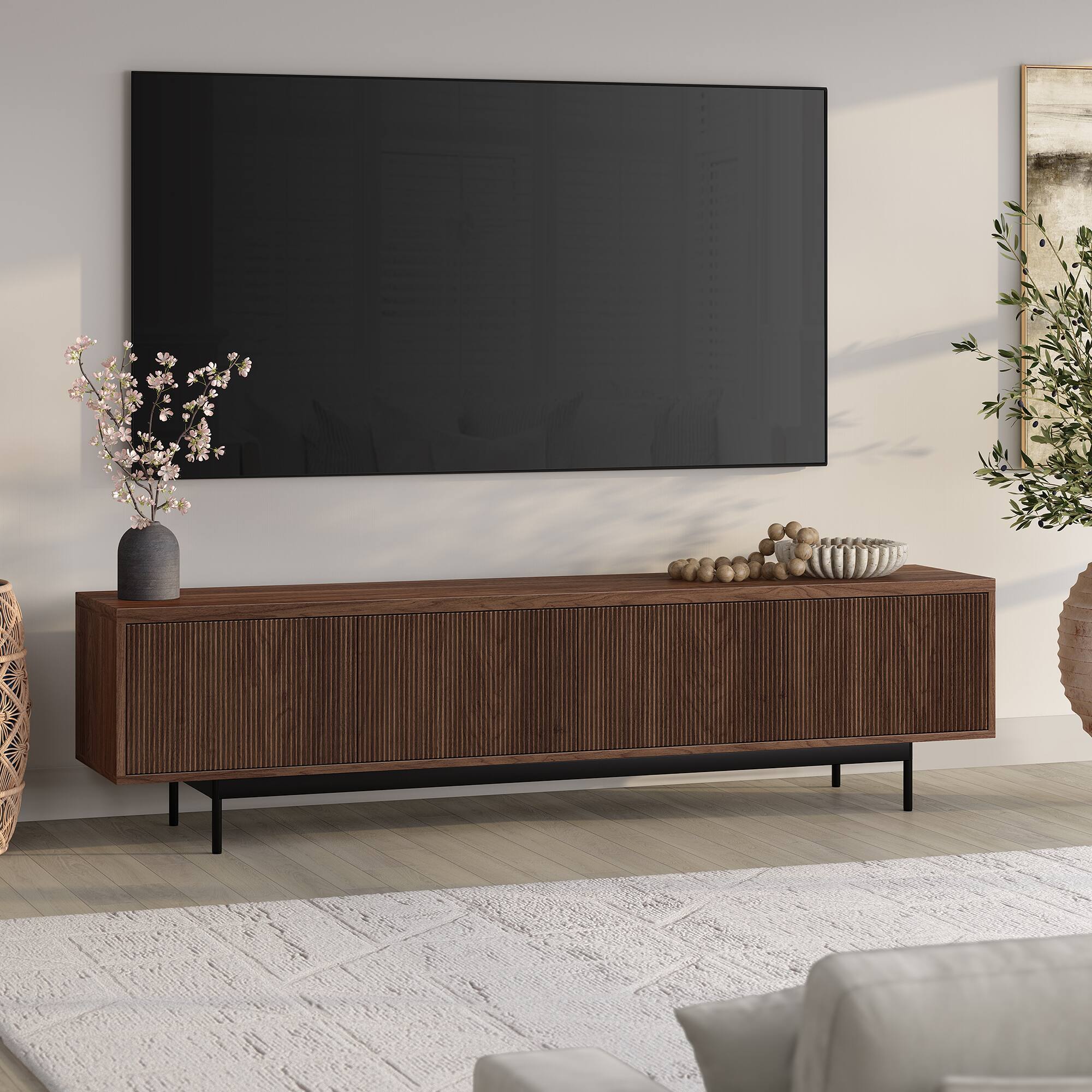 Alt View 3. Hudson&Canal - Whitman Rectangular Fluted TV Stand for TV's up to 85" in Satin Walnut - Satin Walnut.