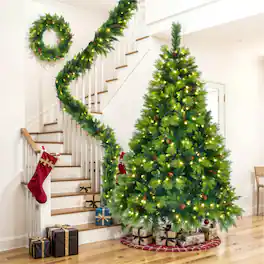 Bestier - 6FT Large Branches Pine Christmas Tree, Pre-Lit Set with Tree, Garland & Wreath, Artificial Christmas with Pine Cones - Green + White