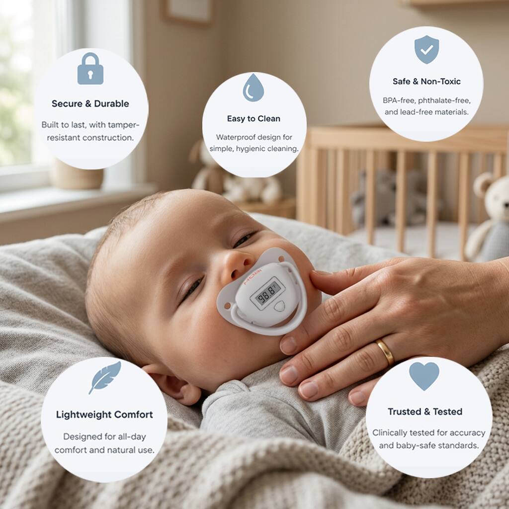 Safe & Non-Toxic  
BPA-free, phthalate-free, and lead-free materials.  

Secure & Durable  
Built to last, with tamper-resistant construction.  

Easy to Clean  
Waterproof design for simple, hygienic cleaning.  

Lightweight Comfort  
Designed for all-day comfort and natural use.  

Trusted & Tested  
Clinically tested for accuracy and baby-safe standards.