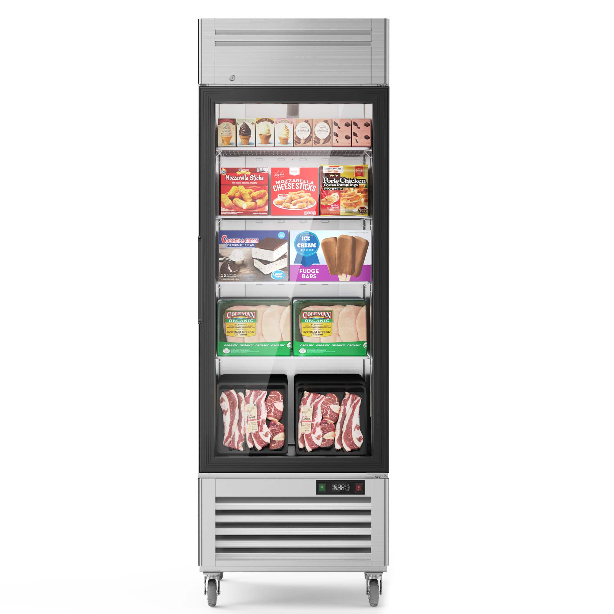 Coolake - 27" Glass Doors Commercial Display Freezer, 23 Cu. Ft Upright Merchandiser Freezer - Stainless Steel