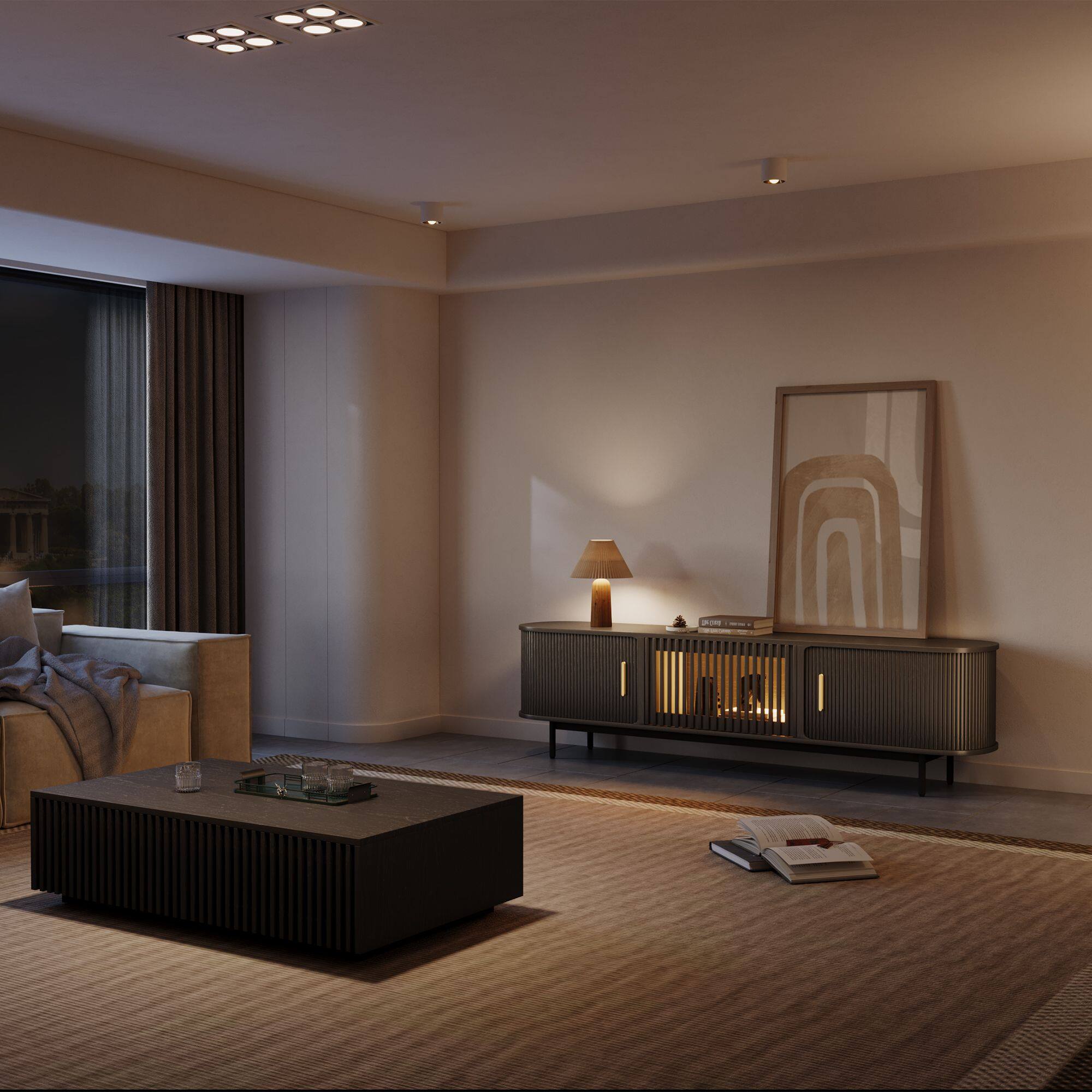 Left. POVISON - 79"Mid-Century Modern Tambour Door TV Stand,Black with LED Lights - Black with LED Lights.