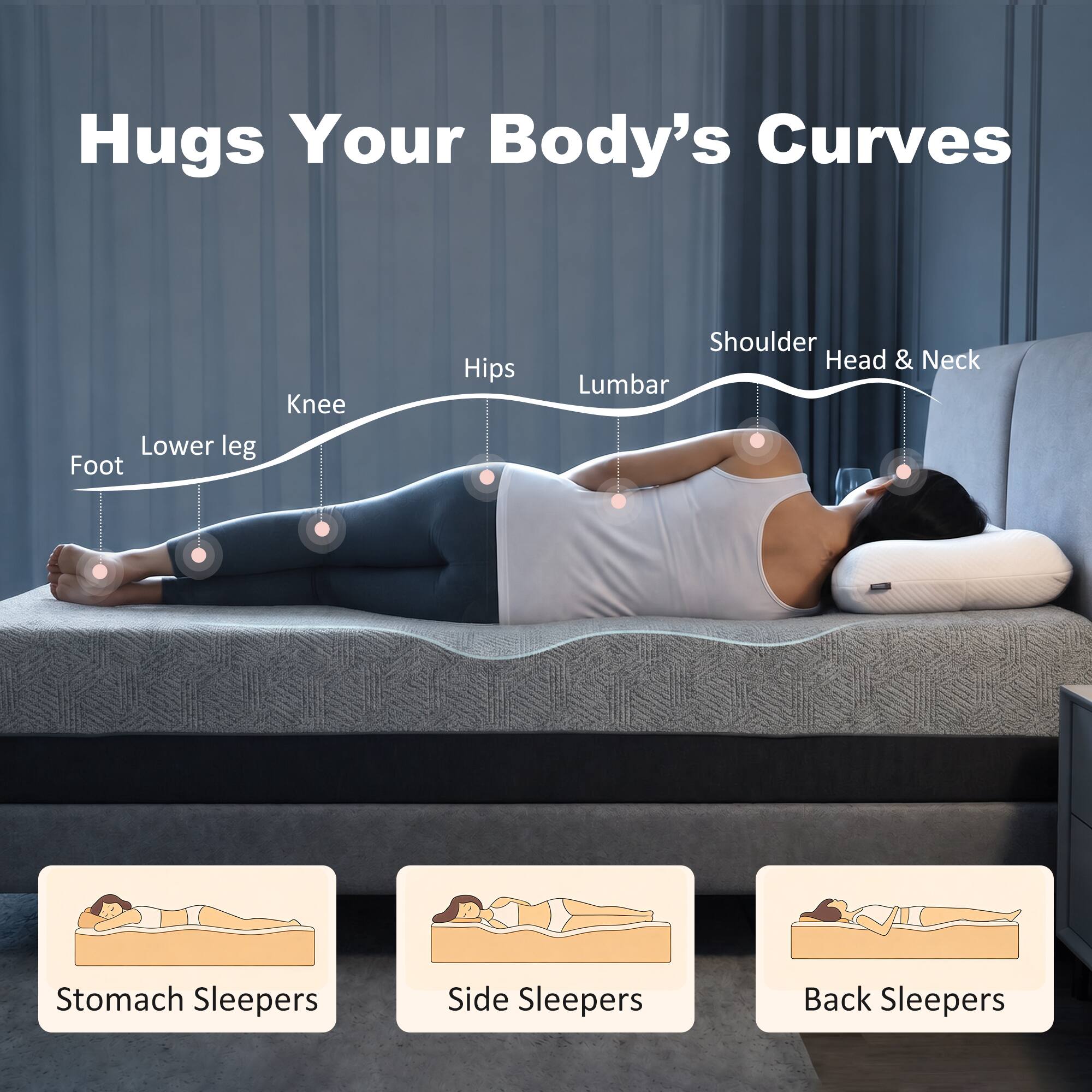 Hugs Your Body's Curves

Lower leg
Foot
Knee
Hips
Shoulder
Head & Neck
Lumbar
Stomach

Stomach Sleepers
Side Sleepers
Back Sleepers