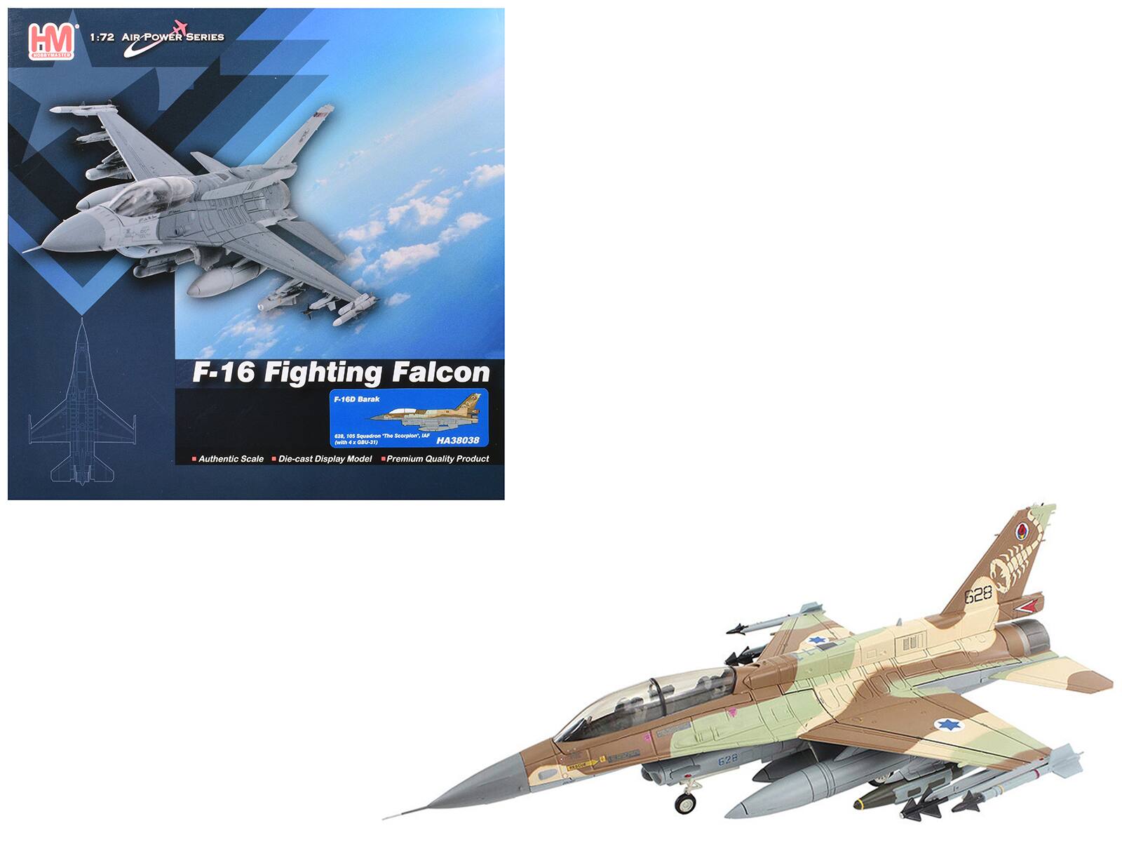 HM 1:72 AIR-POWER SERIES  
F-16 Fighting Falcon  
F-10D Barak  

Authentic Scale  
Die-cast Display Model  
Premium Quality Product  

HA38038  

F-16D Barak  
The ReeraTen - d. saue  

628
