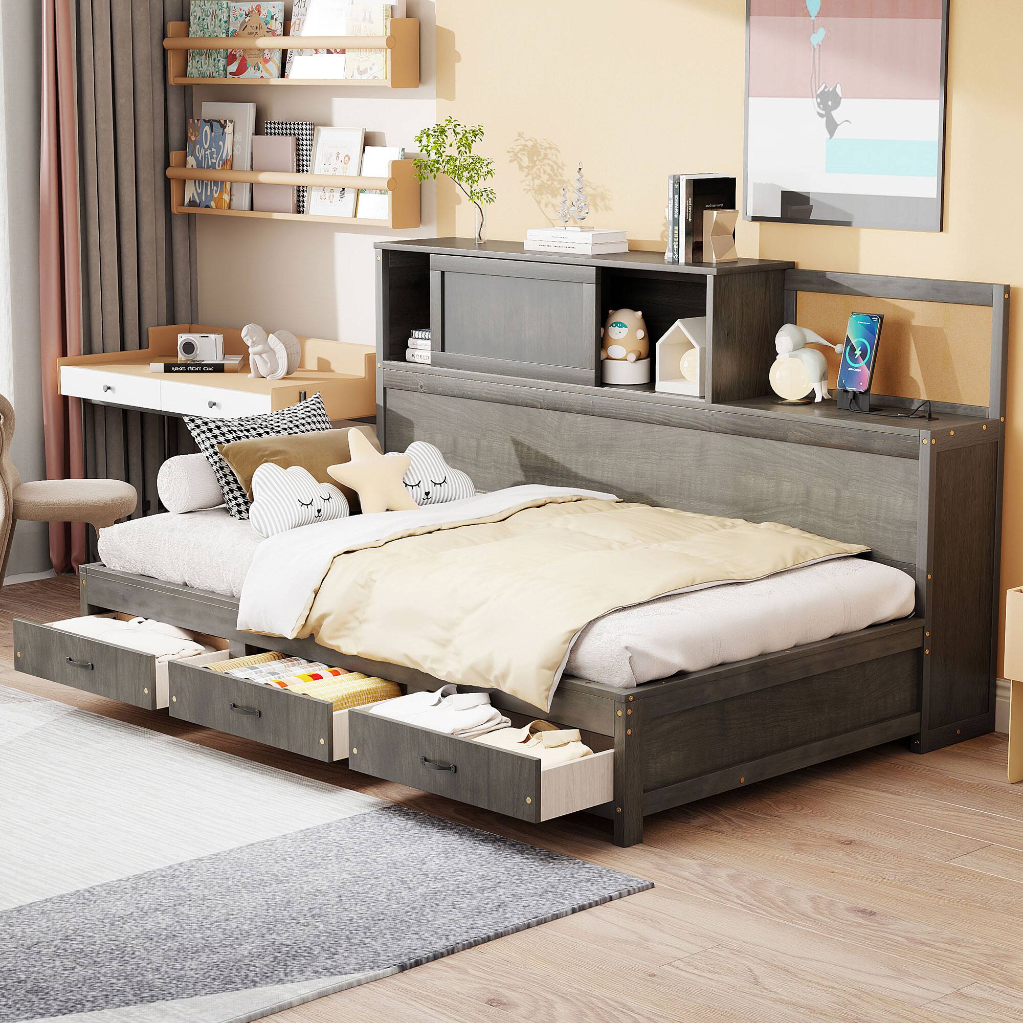 Front. Tiramisubest - Twin Size Wooden Daybed with 3 Storage Drawers, Upper Soft Board, shelf, and a set of Sockets and USB Ports, Gray - Gray.