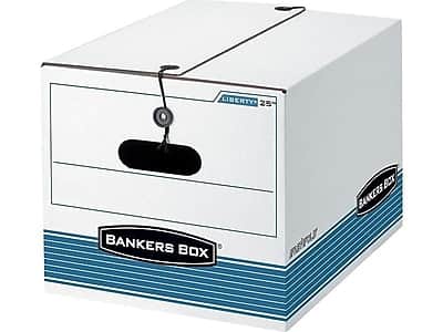 Bankers Box - Medium-Duty FastFold File Storage Boxes, String & Button, Letter/Legal Size, White/Blue, 4/Carton (0002501) - White and Blue price history on PriceWatchPro