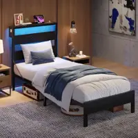Bestier Twin Platform Bed Frame with Storage Headboard, LED Lights, and USB Charging Station - Black - Front_Zoom