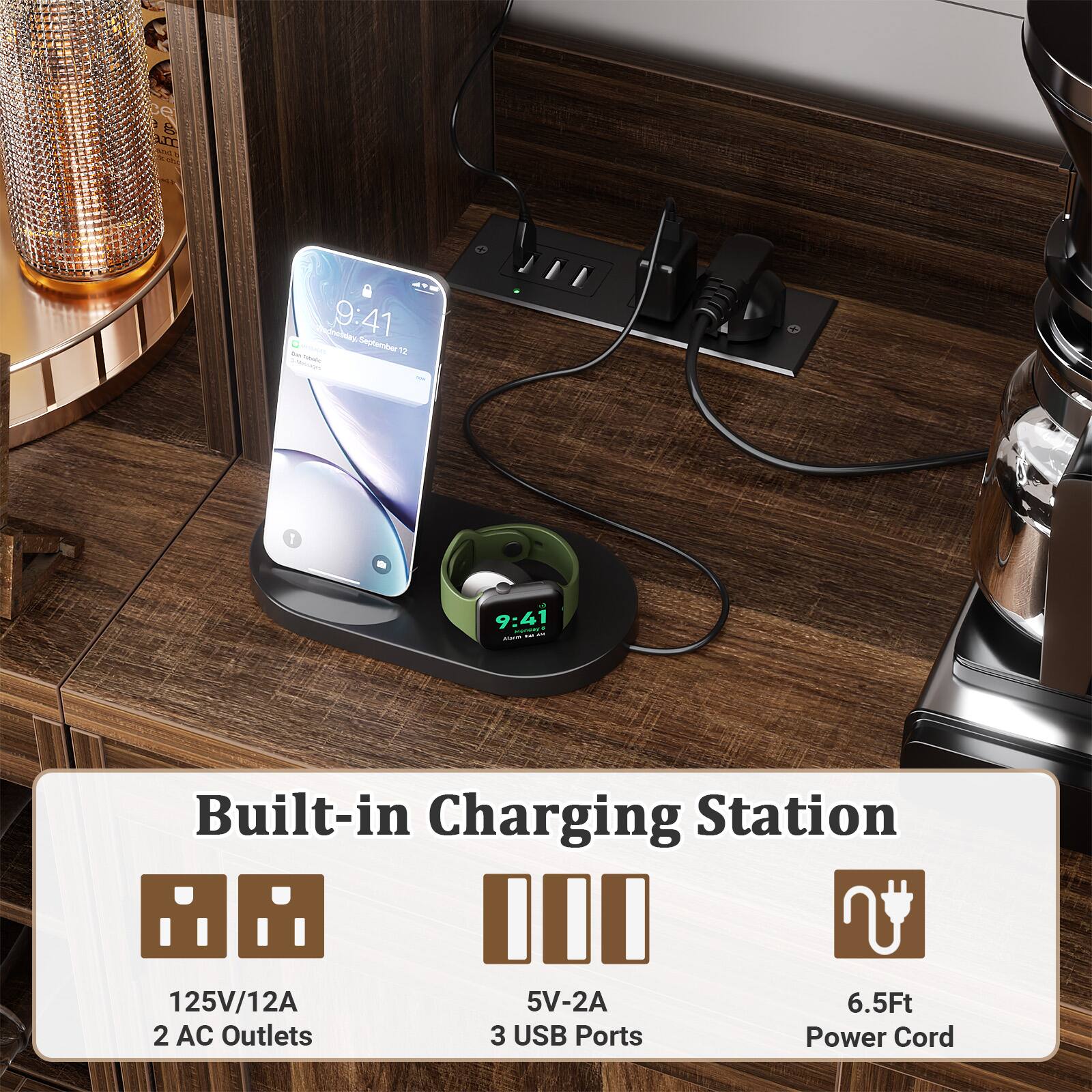 Built-in Charging Station

- 125V/12A
- 2 AC Outlets
- 5V-2A
- 3 USB Ports
- 6.5Ft Power Cord
