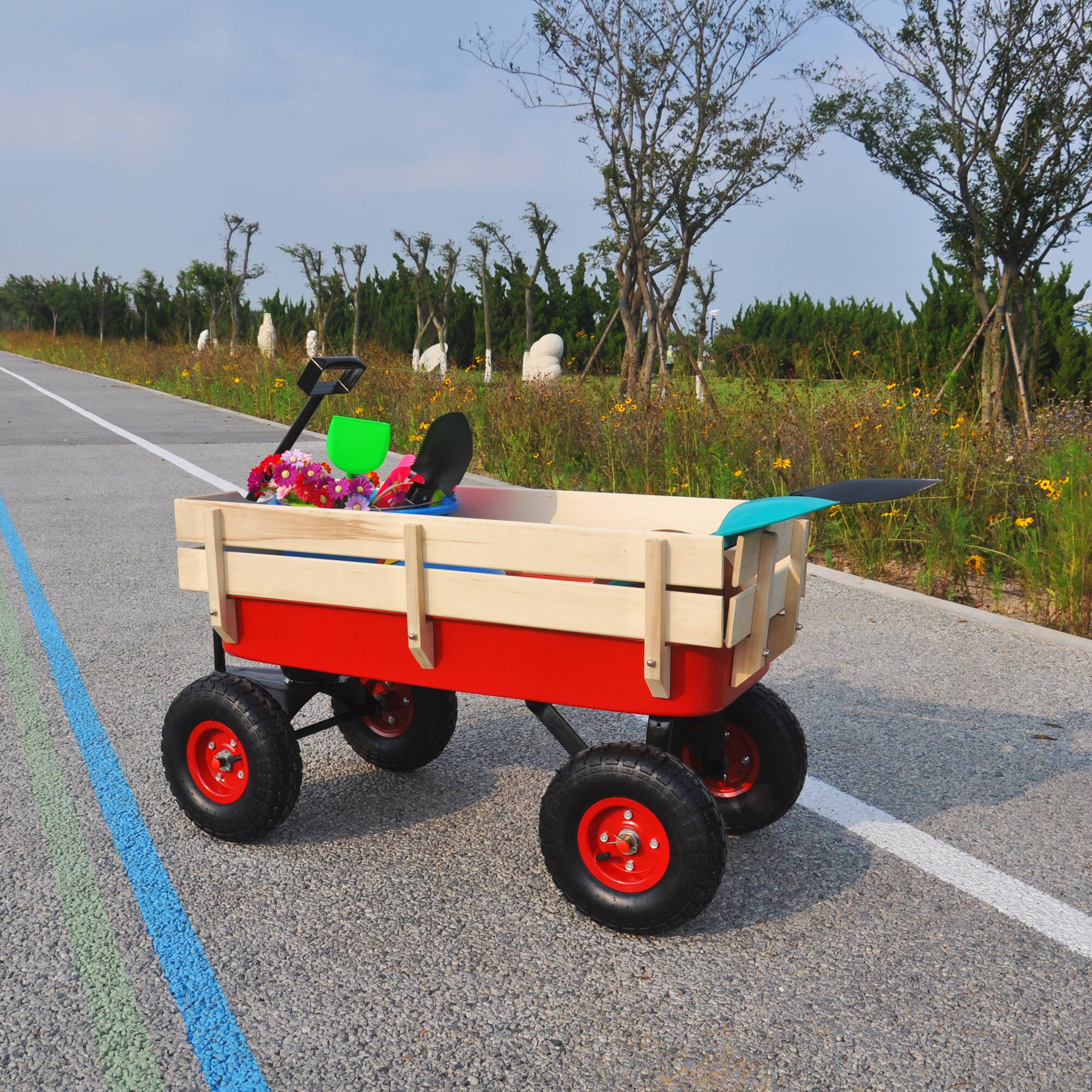 Alt View 7. Ecooso - Outdoor Utility Wagon with Wooden Side Panels and Air Tires for Transport - Red.