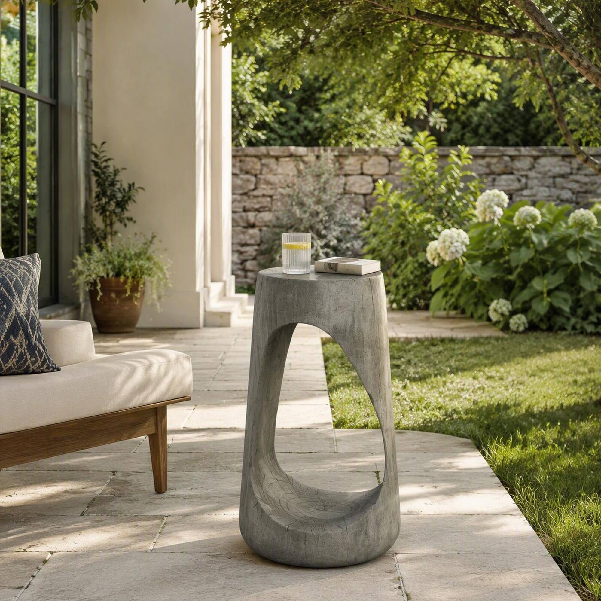 Angle. RYHNUYNE - Outdoor Side Table with Wood-Grain Finish, Hollow Design Accent Stool for Patio Balcony Poolside - Gray.