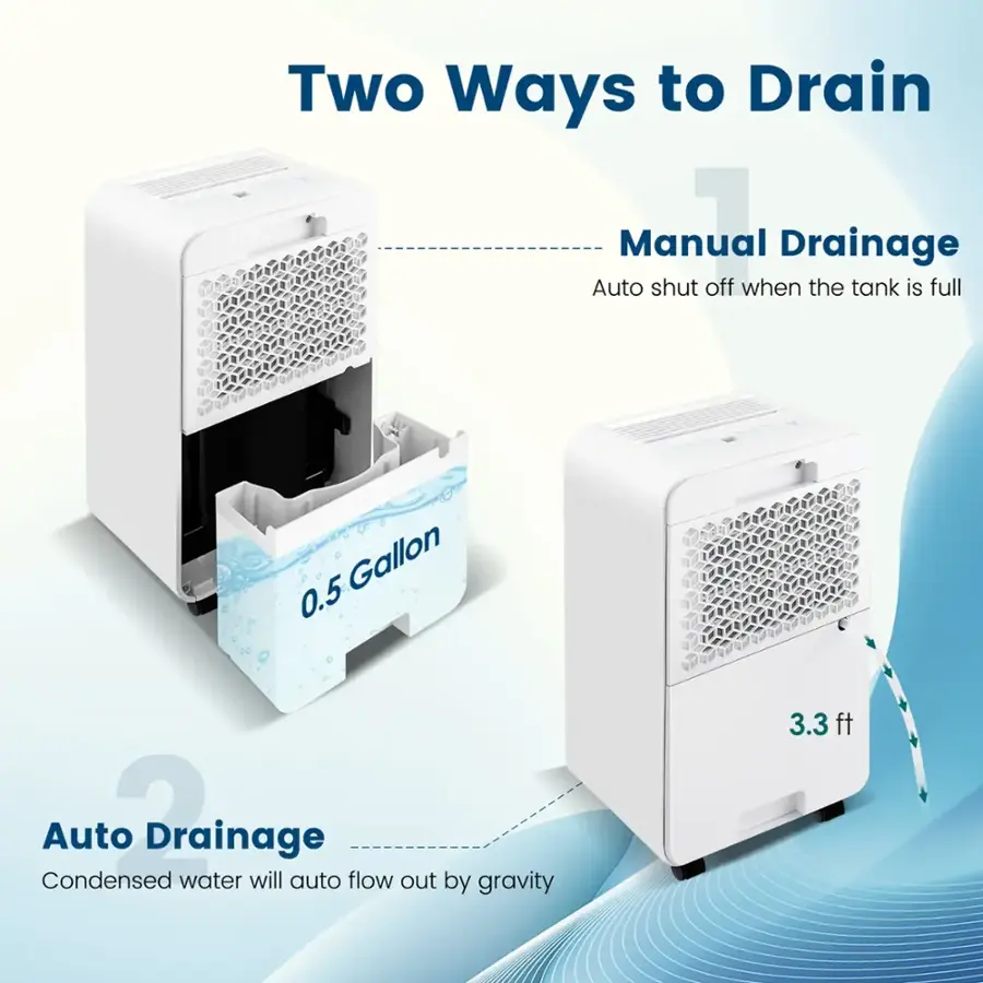 Two Ways to Drain:

1. Manual Drainage: Auto shut off when the tank is full. Gallon: 0.5. Condensed Auto Drainage: Water will auto flow out by gravity. 3.3 ft.