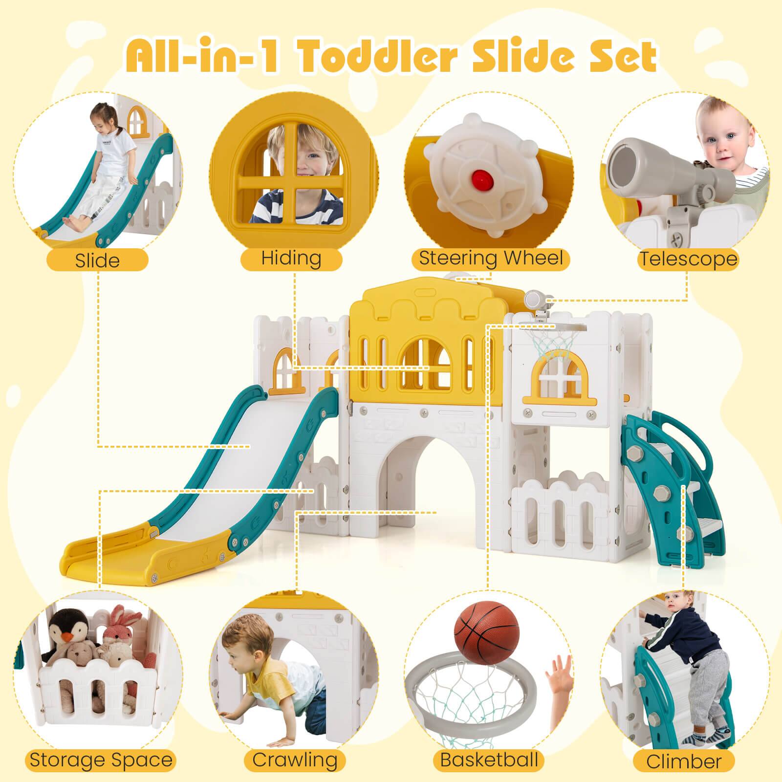 All-in-1 Toddler Slide Set

- Slide
- Hiding
- Steering Wheel
- Telescope
- Storage Space
- Crawling
- Basketball
- Climber