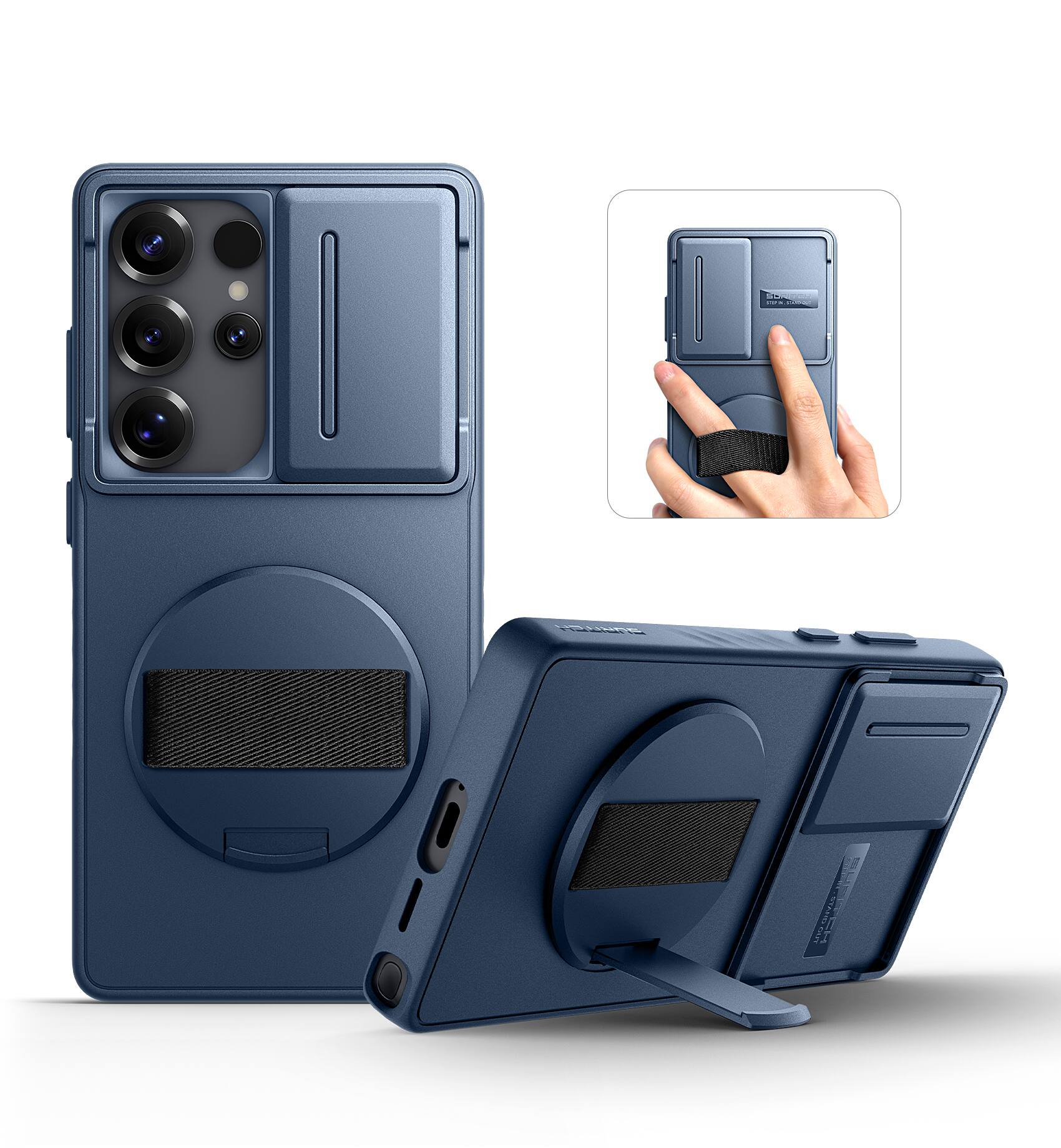 Angle. SURITCH - Case for Samsung Galaxy S25 Ultra with 360° Rotatable Hand Strap, Invisible Kickstand, Camera Cover, Rugged Shockproof - Deep Blue.