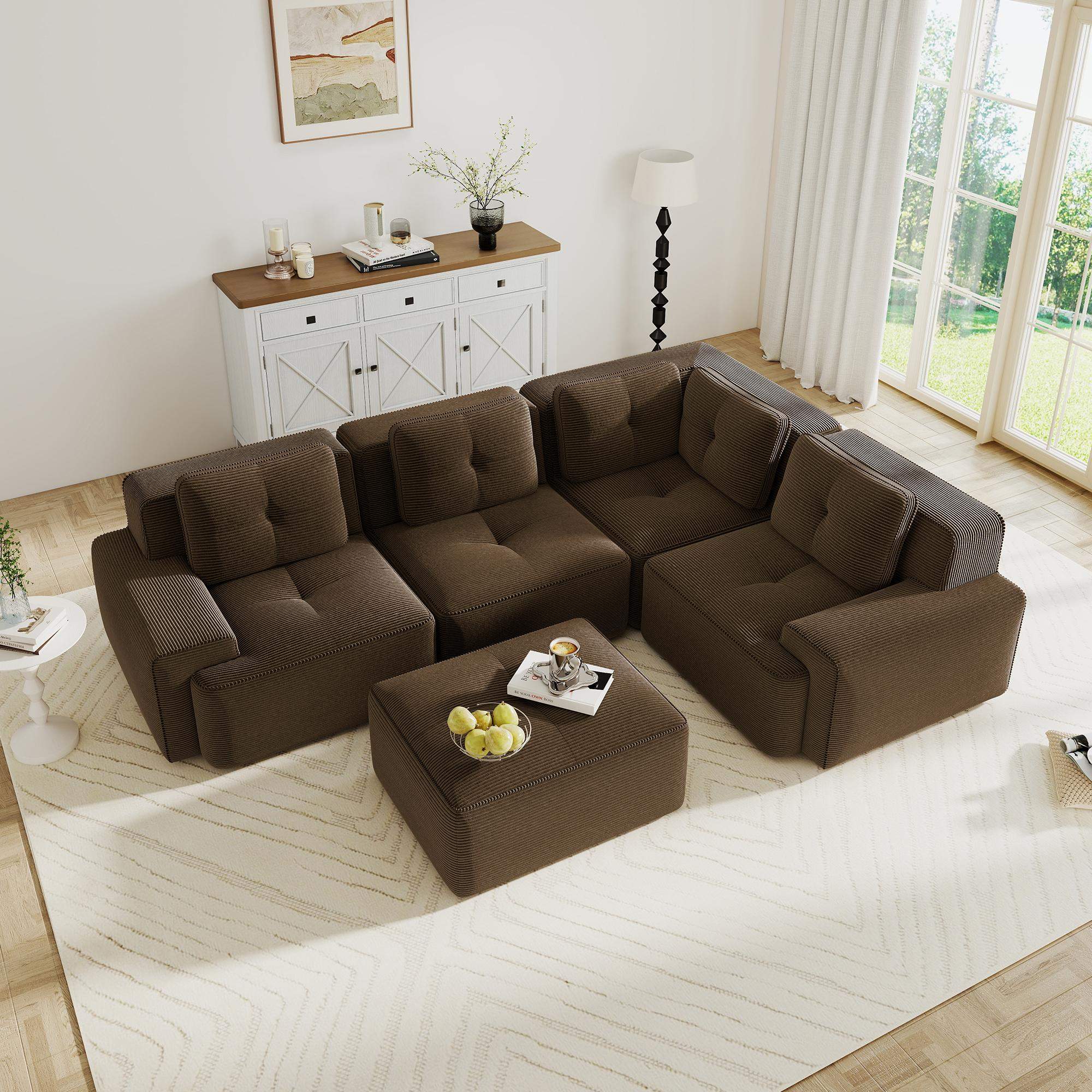Alt View 1. Roomtec - Modern Modular Sectional Sofa with 4SeaterV Shaped Corner CouchCorduroy FabricDeep Seat for Living Room Movable - Brown.