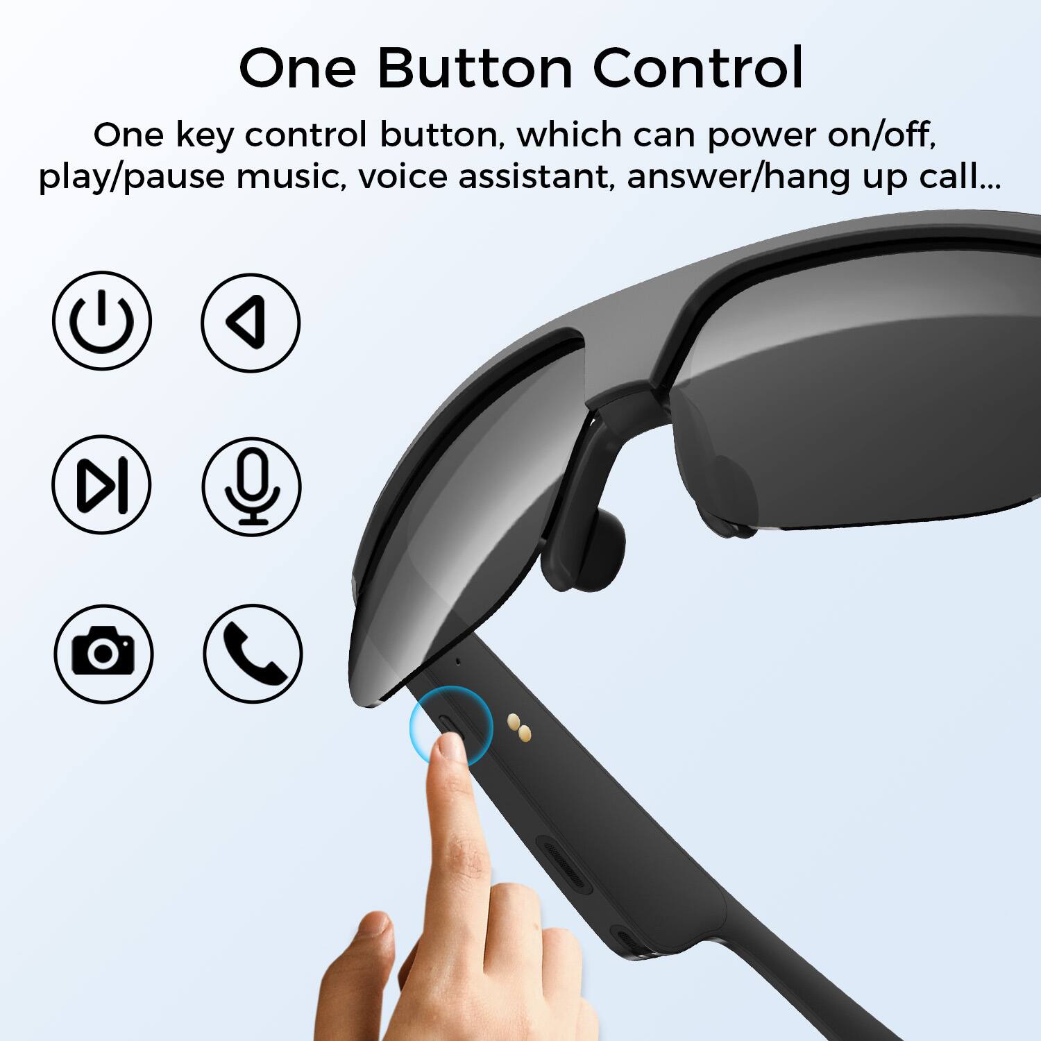 One Button Control

One key control button, which can power on/off, play/pause music, voice assistant, answer/hang up call...