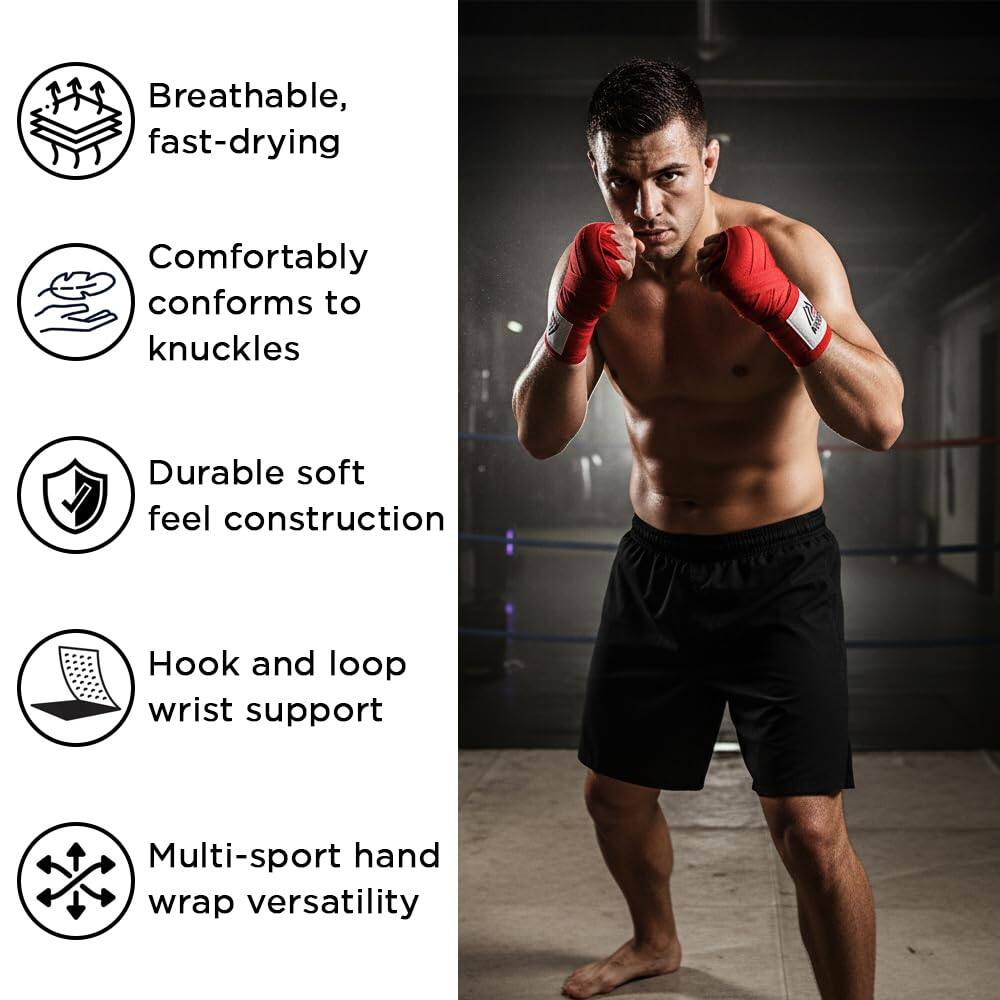 - Breathable, fast-drying
- Comfortably conforms to knuckles
- Durable soft feel construction
- Hook and loop wrist support
- Multi-sport hand wrap versatility
